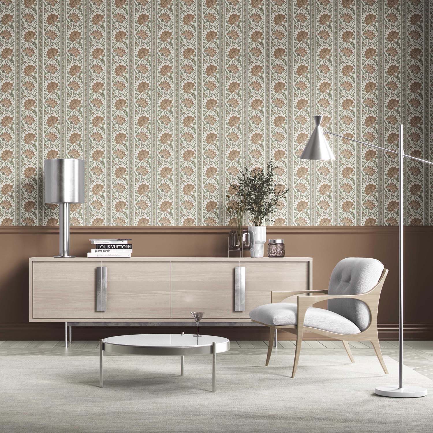 Vintage Floral Striped/ Botanical Kitchen Wallpaper (Brown/ Green)