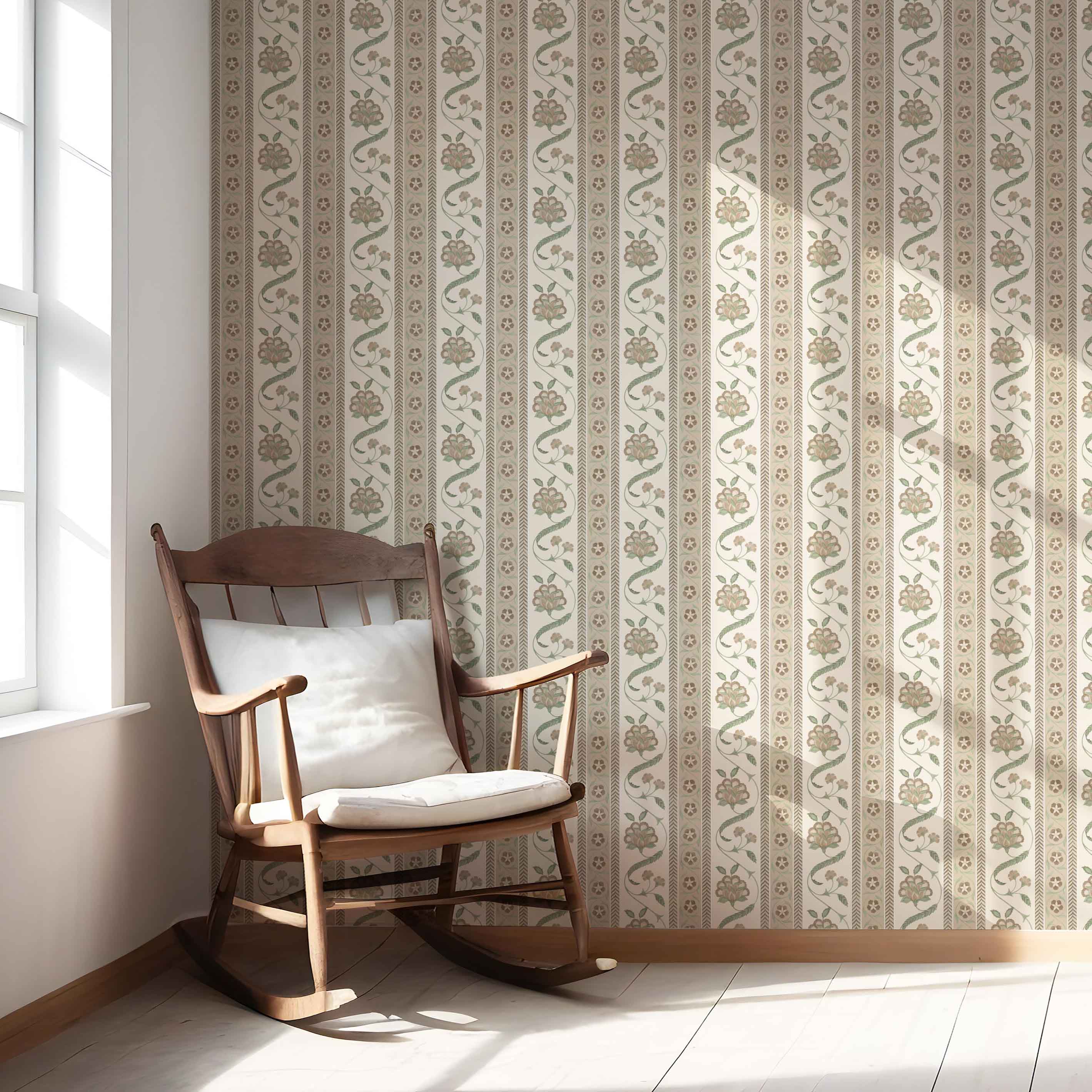 Neutral Floral Botanical Striped Nursery Wallpaper (Beige/ Brown/ Green)
