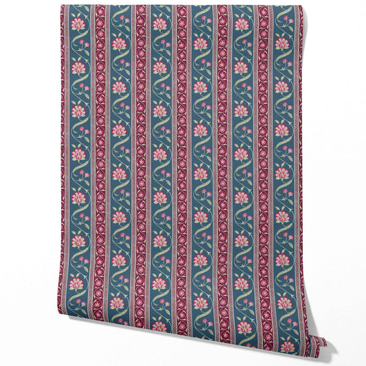 Floral Botanical Striped Traditional Wallpaper (Teal Blue/ Pink/ Green)