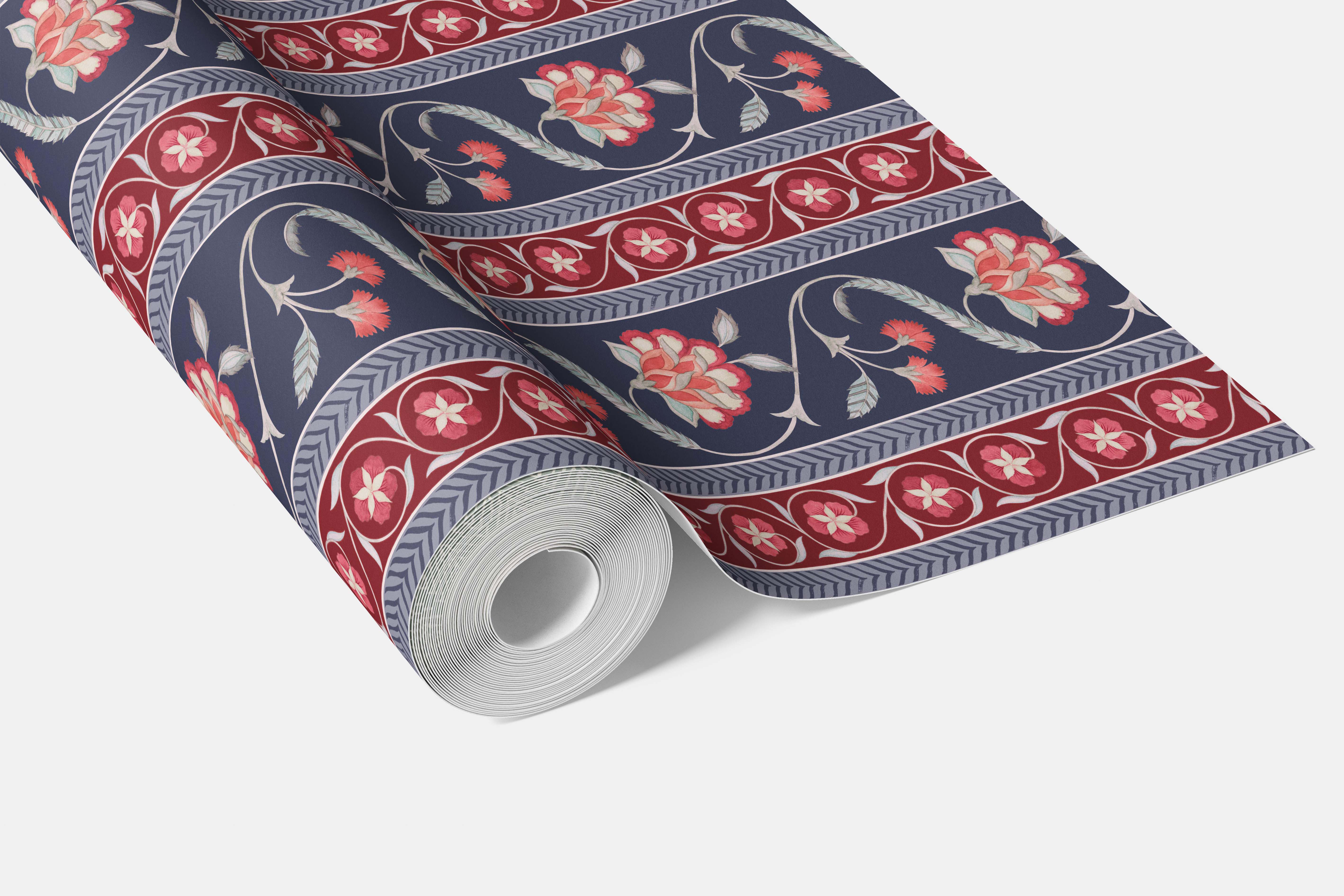 Floral Botanical Striped Bathroom Wallpaper (Navy Blue/ Red/ Gray)