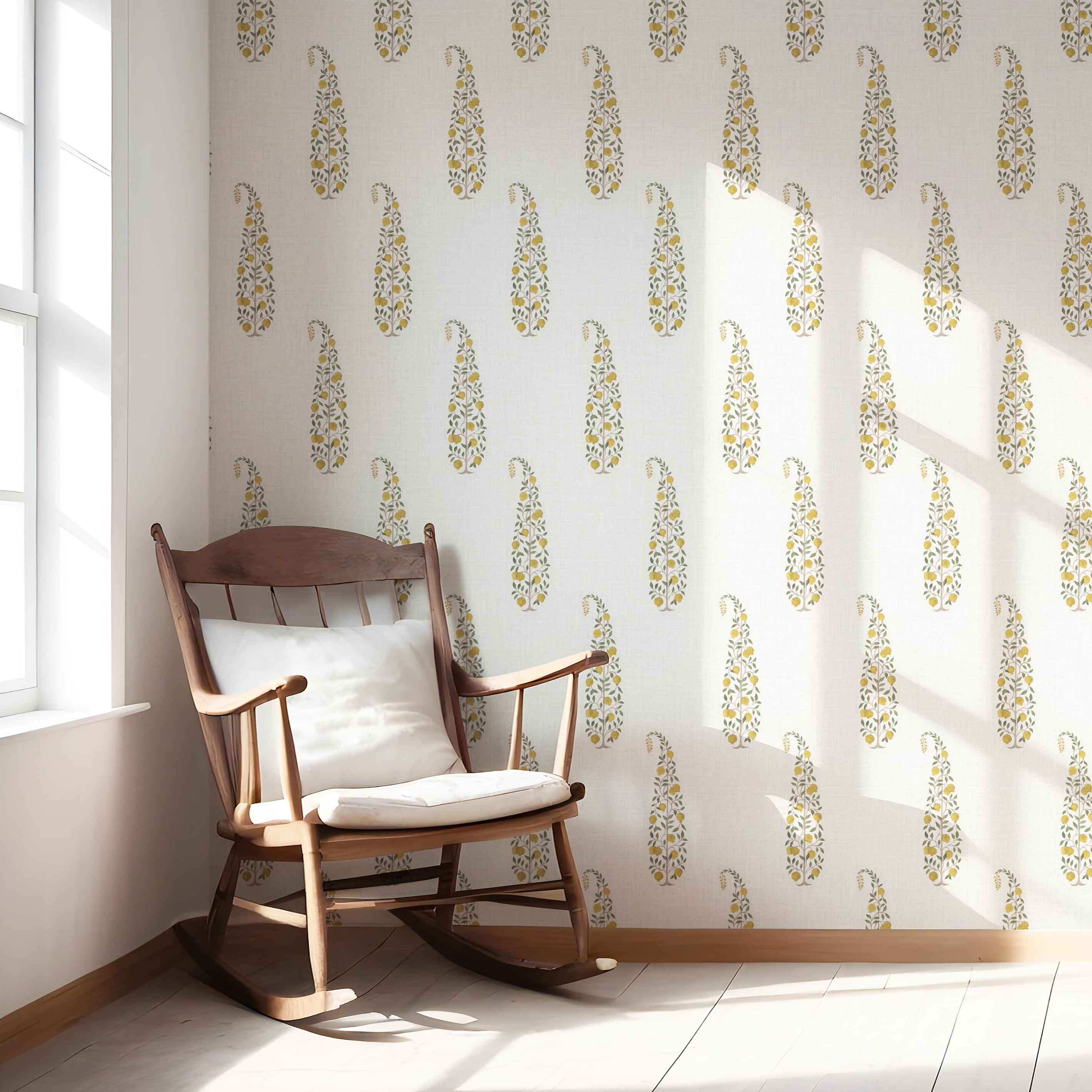 Ethnic/ Vintage-Inspired Floral Paisley Kitchen Wallpaper (Yellow/ Green/ Off-White)