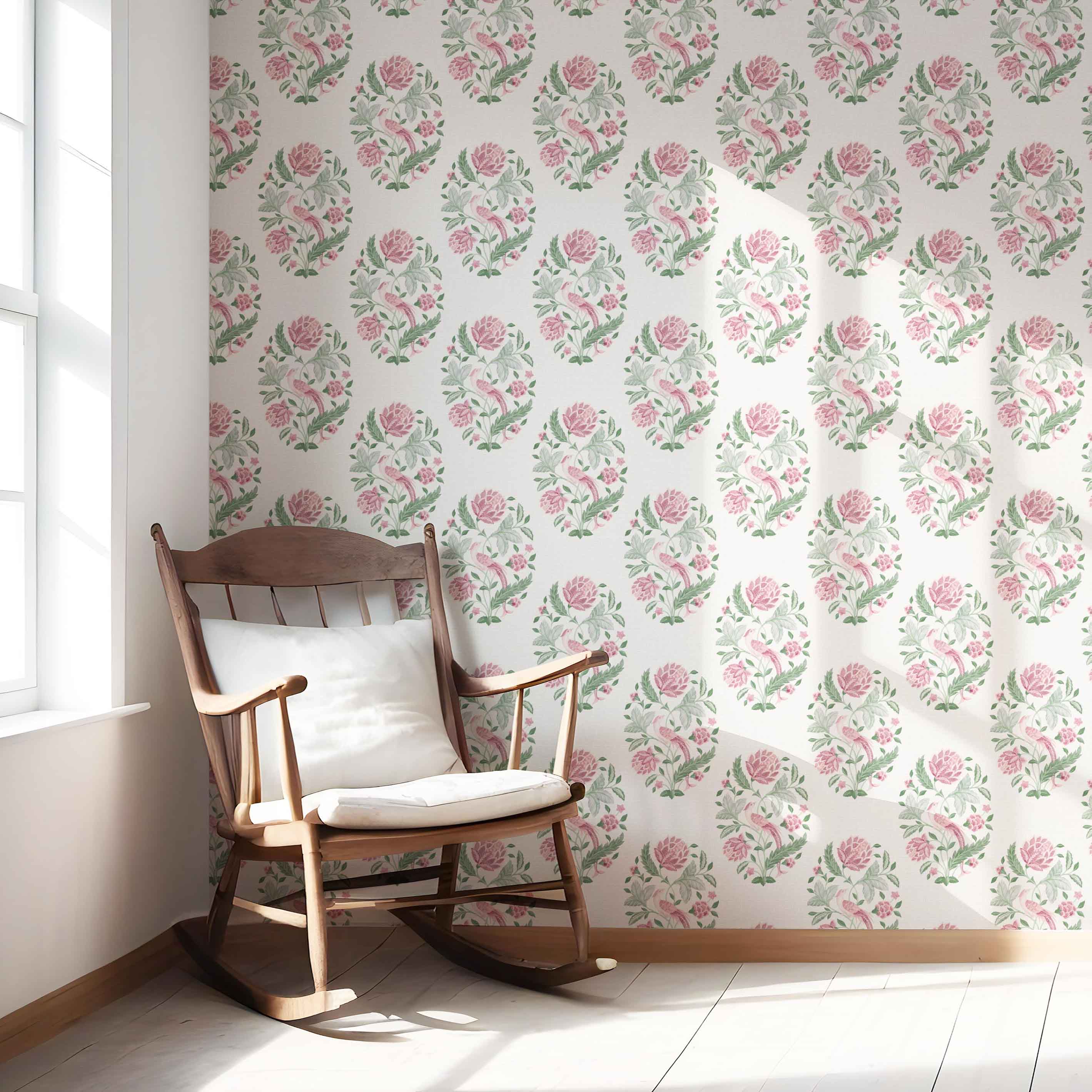 Birds/ Floral Block Print Nursery Wallpaper (Pink/ Green)
