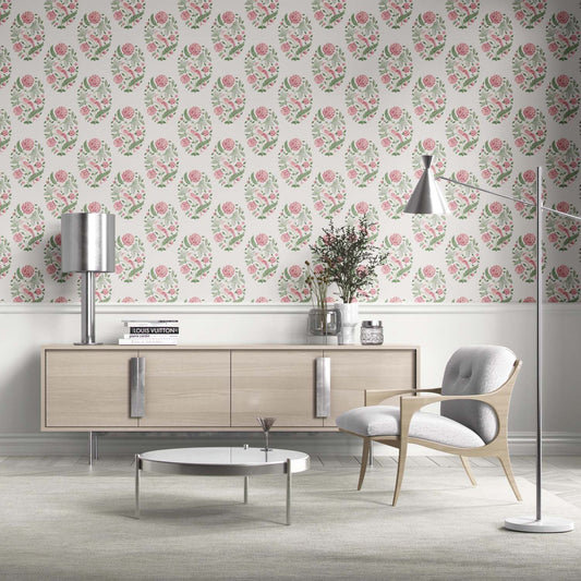 Birds/ Floral Block Print Traditional Wallpaper (Pink/ Green)
