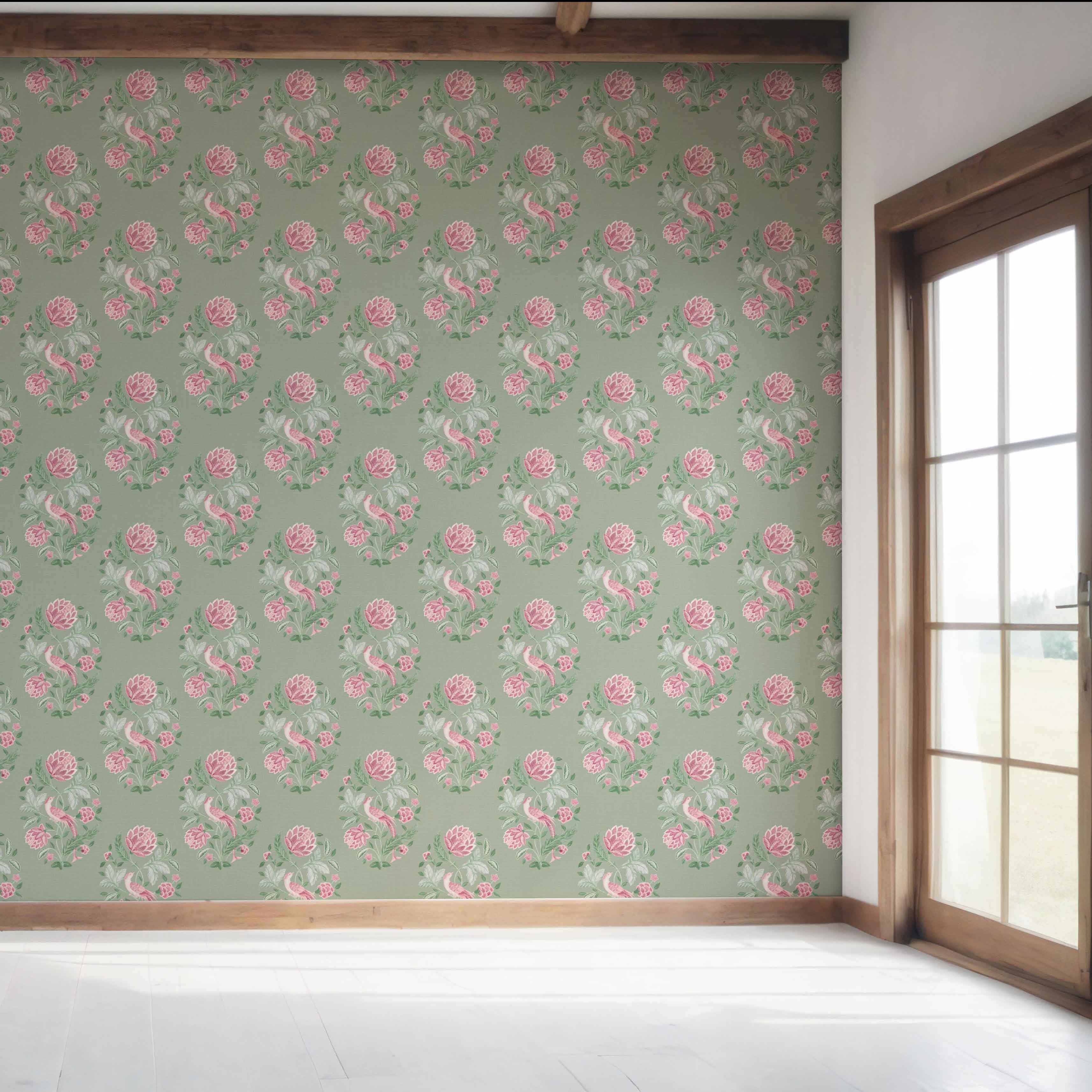 Birds/ Floral Block Print Bedroom Wallpaper Sample (Sage Green/ Pink)