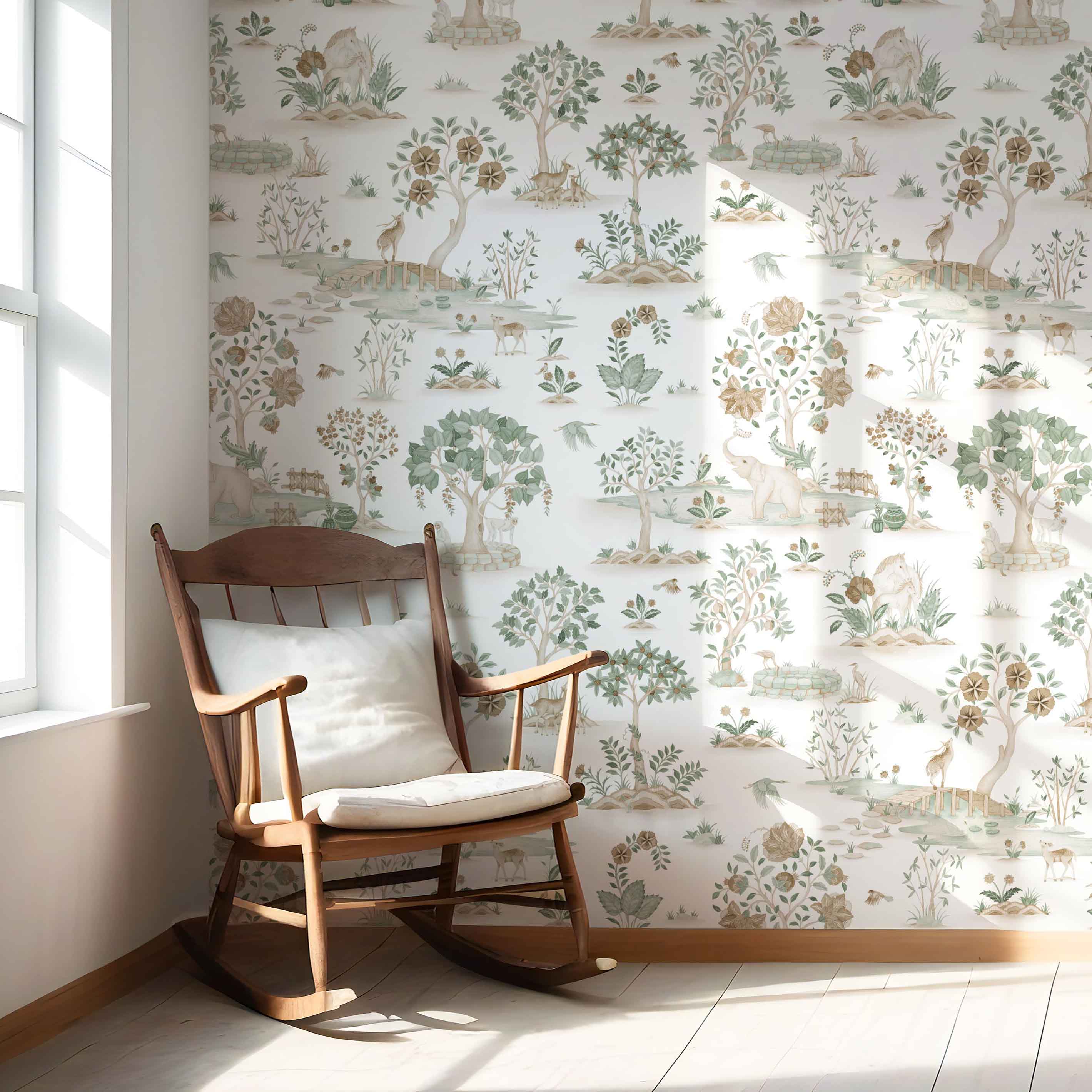 Modern Floral Botanical/ Nature Print Nursery Wallpaper (White/ Beige/ Green/ Brown/ Gray)