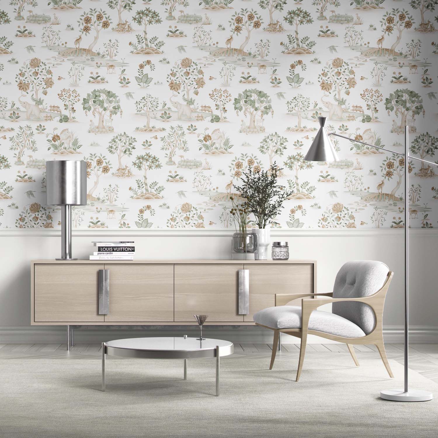 Modern Floral Botanical/ Nature Print Kitchen Wallpaper (White/ Beige/ Green/ Brown/ Gray)
