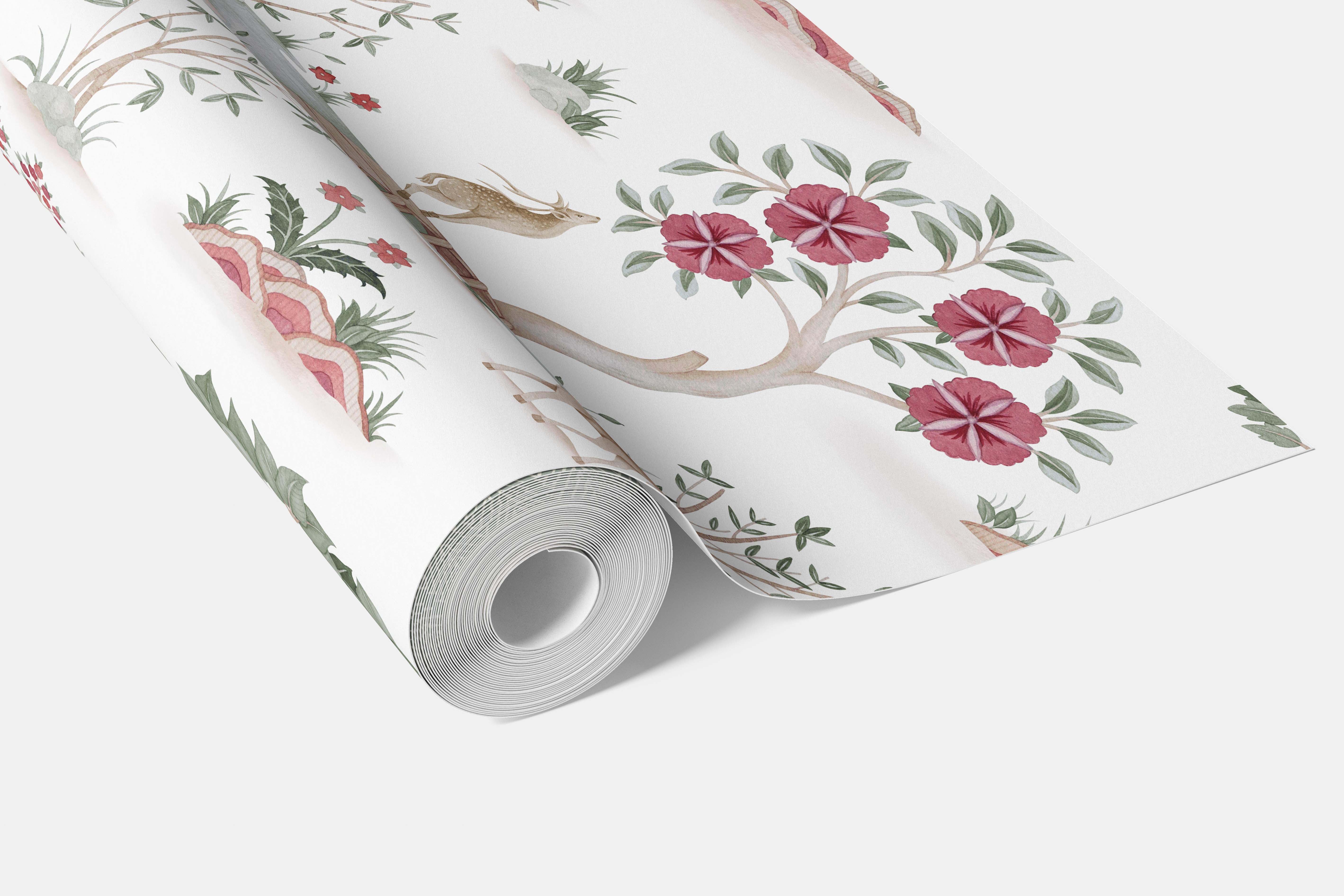 Modern Floral Botanical/ Nature Print Bathroom Wallpaper (White/ Pink/ Red/ Green/ Gray)