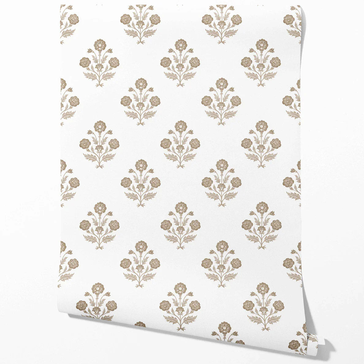 Neutral Floral Block Print Traditional Wallpaper Sample (Brown/ White)