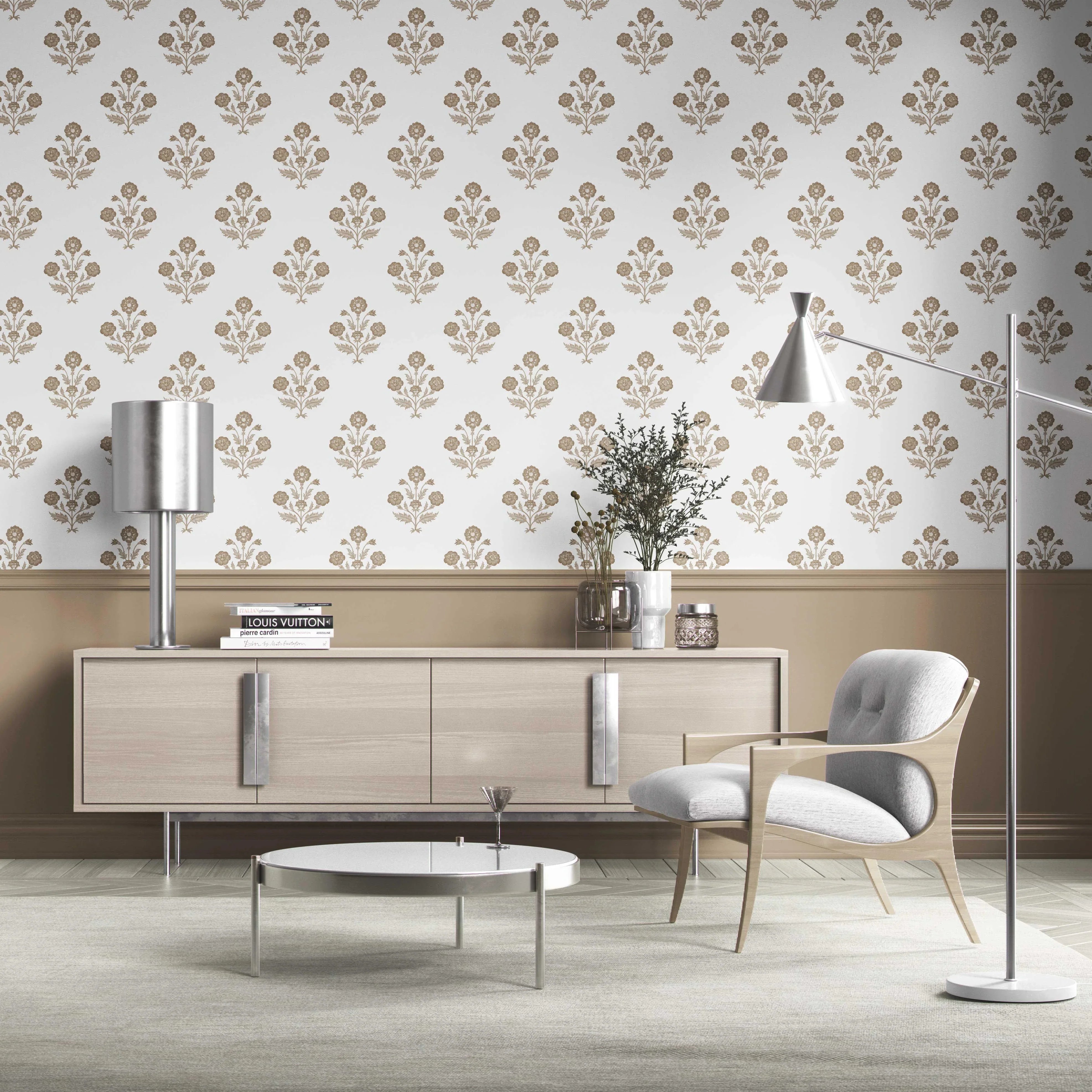 Neutral Floral Block Print Kitchen Wallpaper Sample (Brown/ White)
