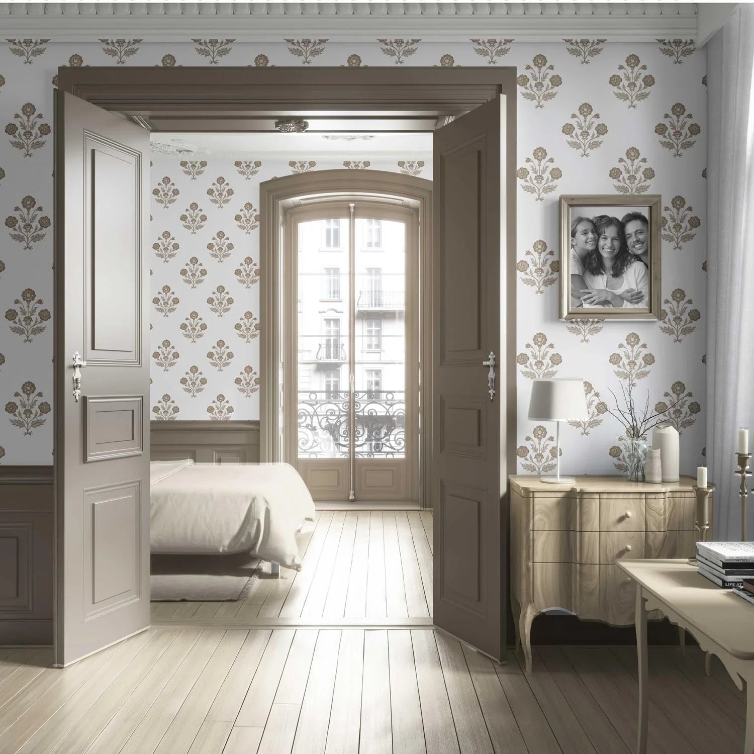 Neutral Floral Block Print Living Room Wallpaper Sample (Brown/ White)