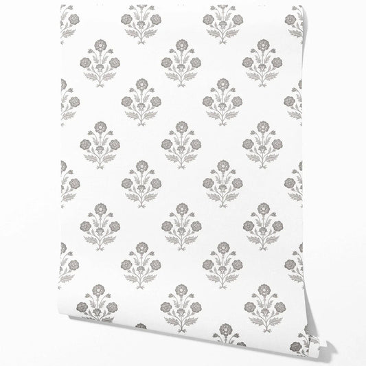 Neutral Floral Block Print Traditional Wallpaper Sample (Stormy Gray/ Taupe/ White)
