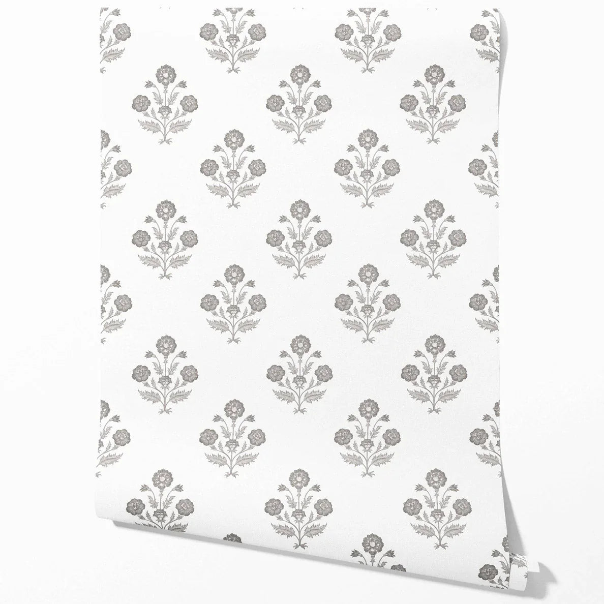 Neutral Floral Block Print Traditional Wallpaper (Stormy Gray/ Taupe/ White)