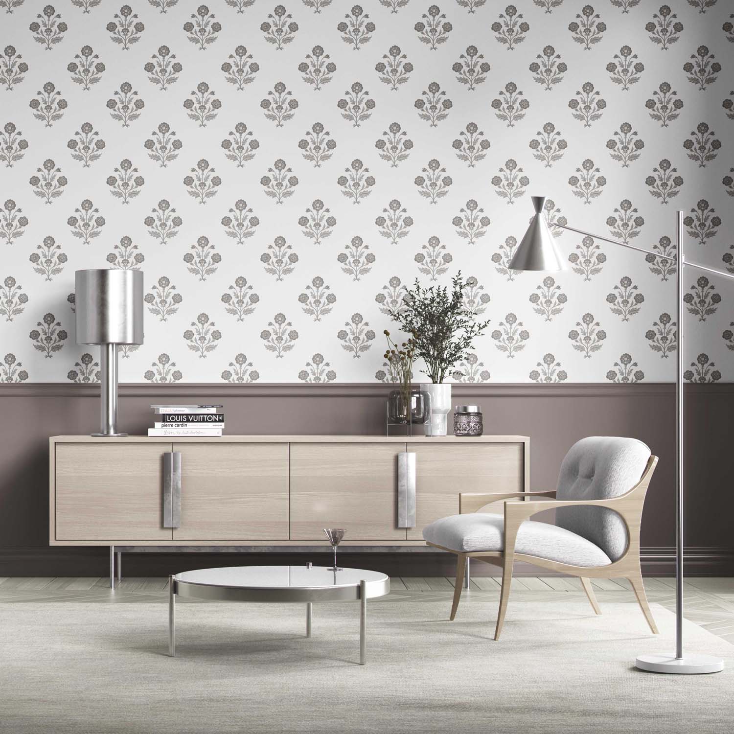 Neutral Floral Block Print Kitchen Wallpaper Sample (Stormy Gray/ Taupe/ White)