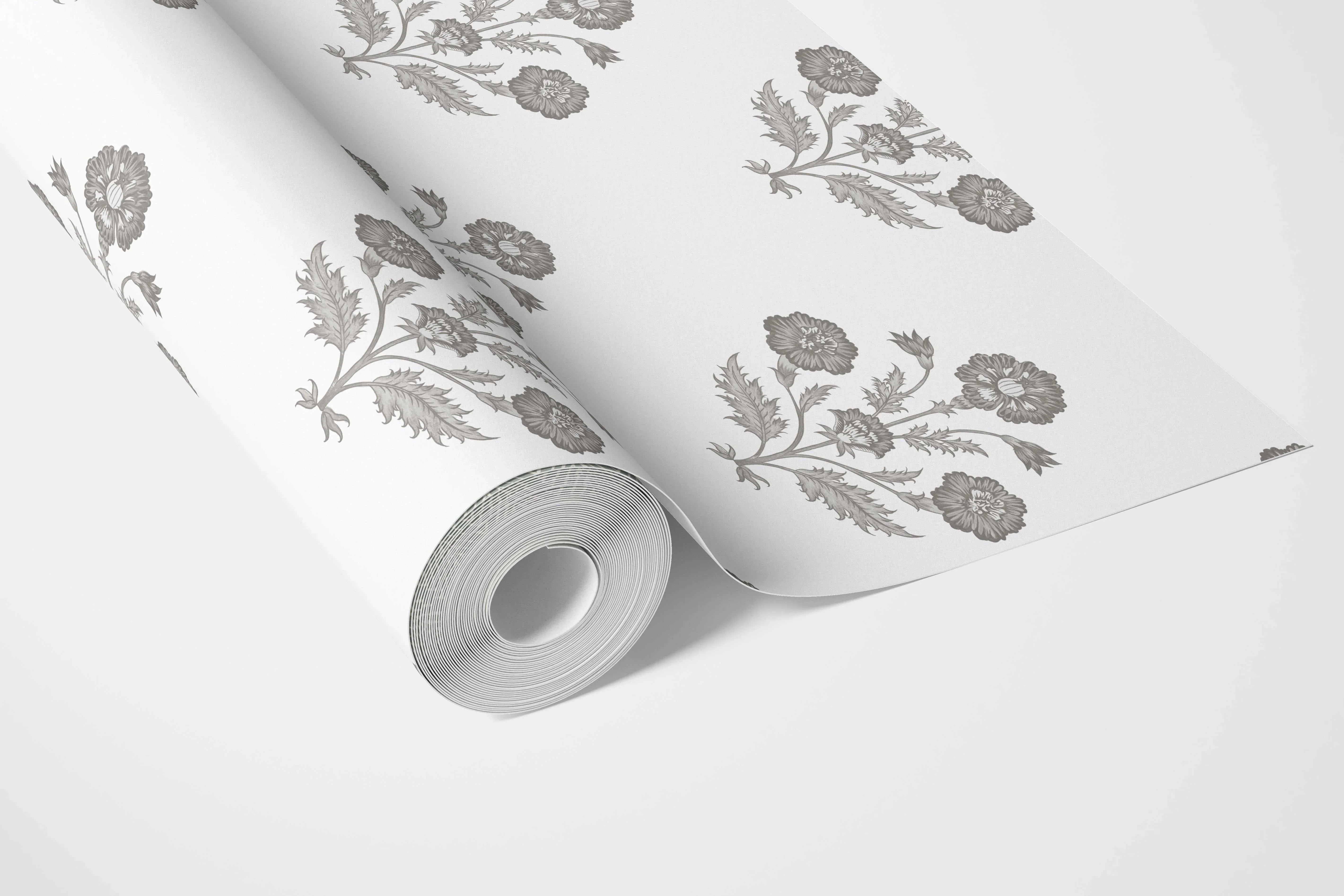 Neutral Floral Block Print Bathroom Wallpaper Sample (Stormy Gray/ Taupe/ White)