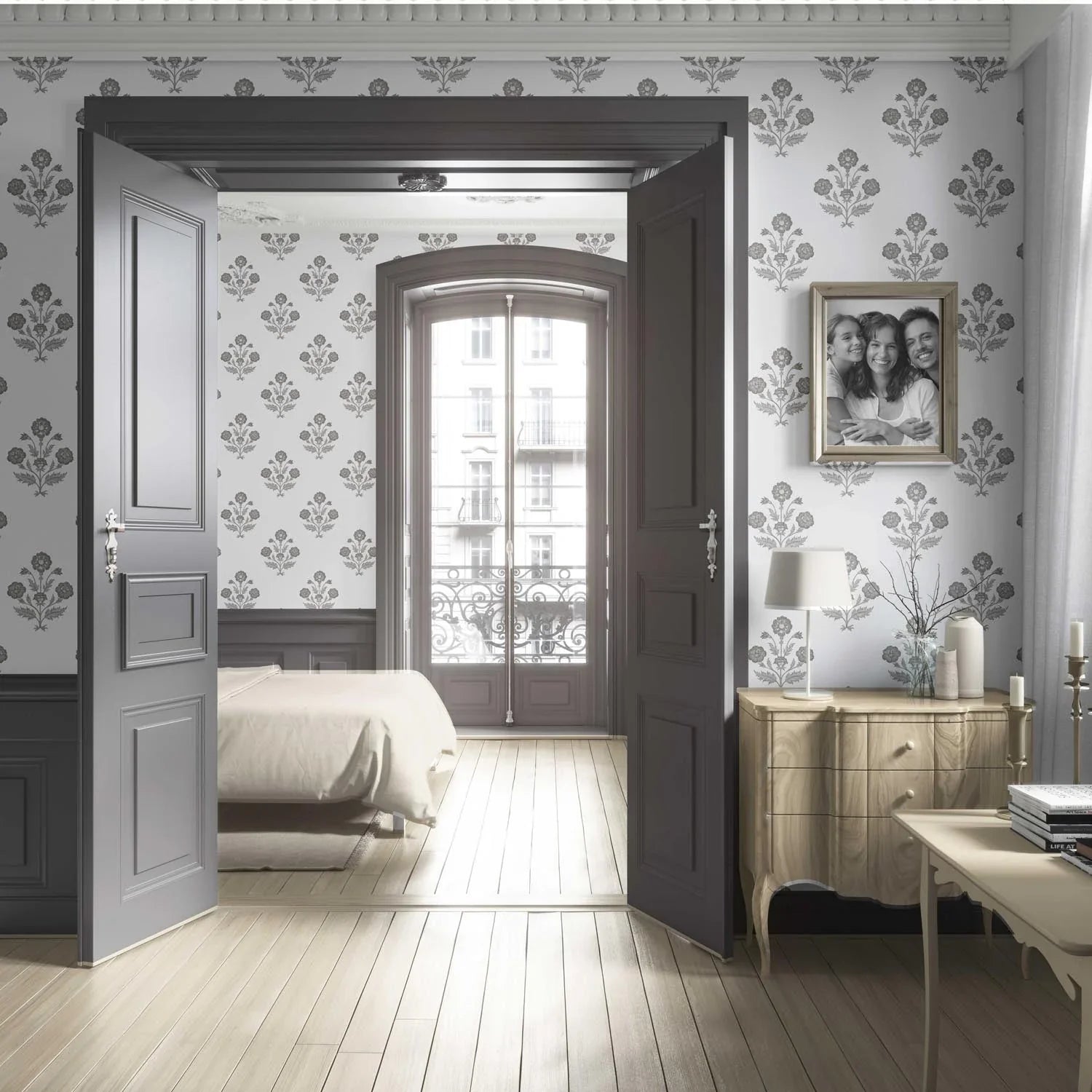 Neutral Floral Block Print Living Room Wallpaper Sample (Stormy Gray/ Taupe/ White)