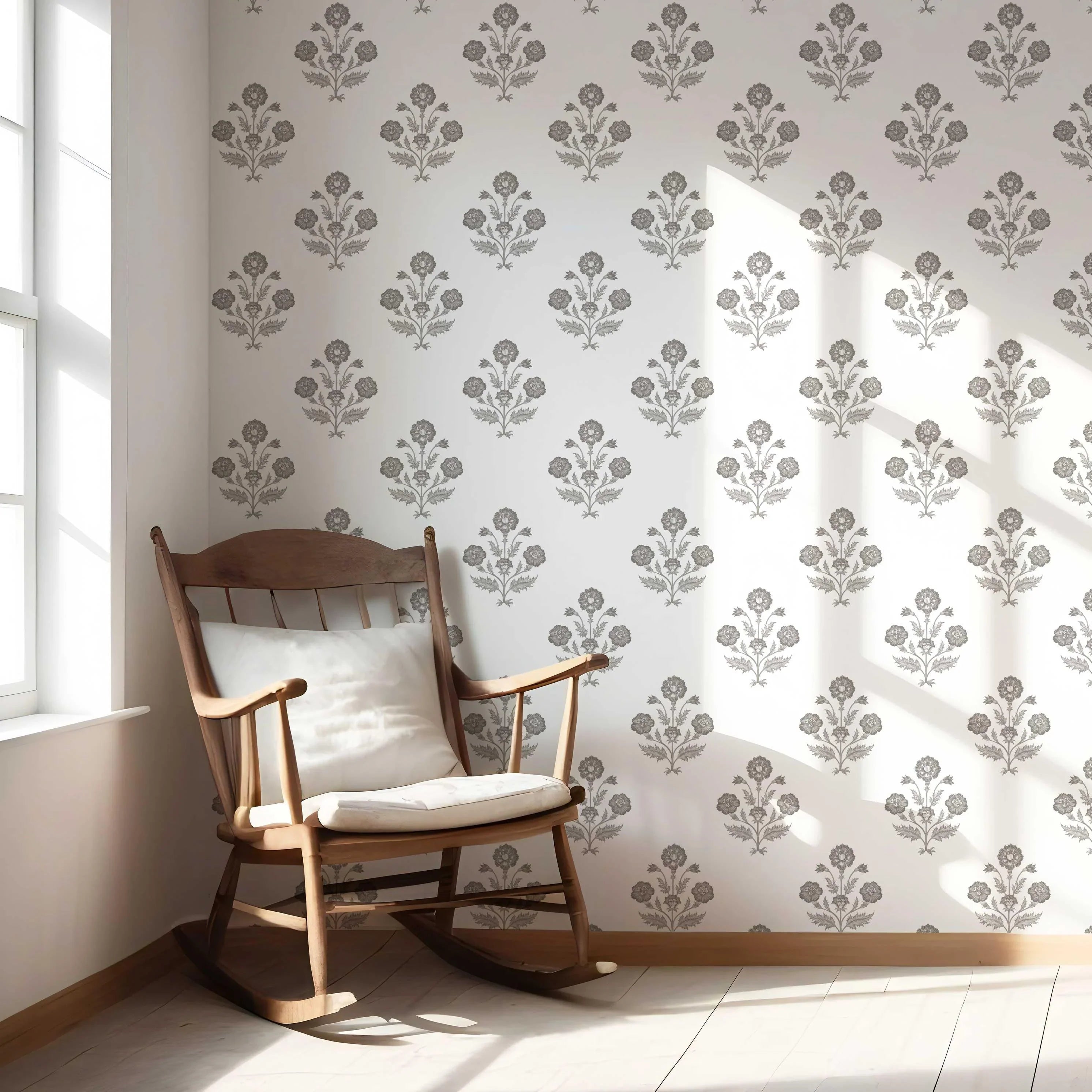 Neutral Floral Block Print Nursery Wallpaper Sample (Stormy Gray/ Taupe/ White)