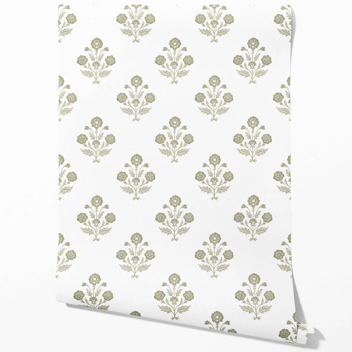 Floral Block Print Traditional Wallpaper (Olive Green/ White)