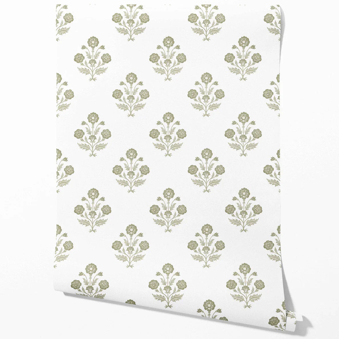 Floral Block Print Traditional Wallpaper (Olive Green/ White)