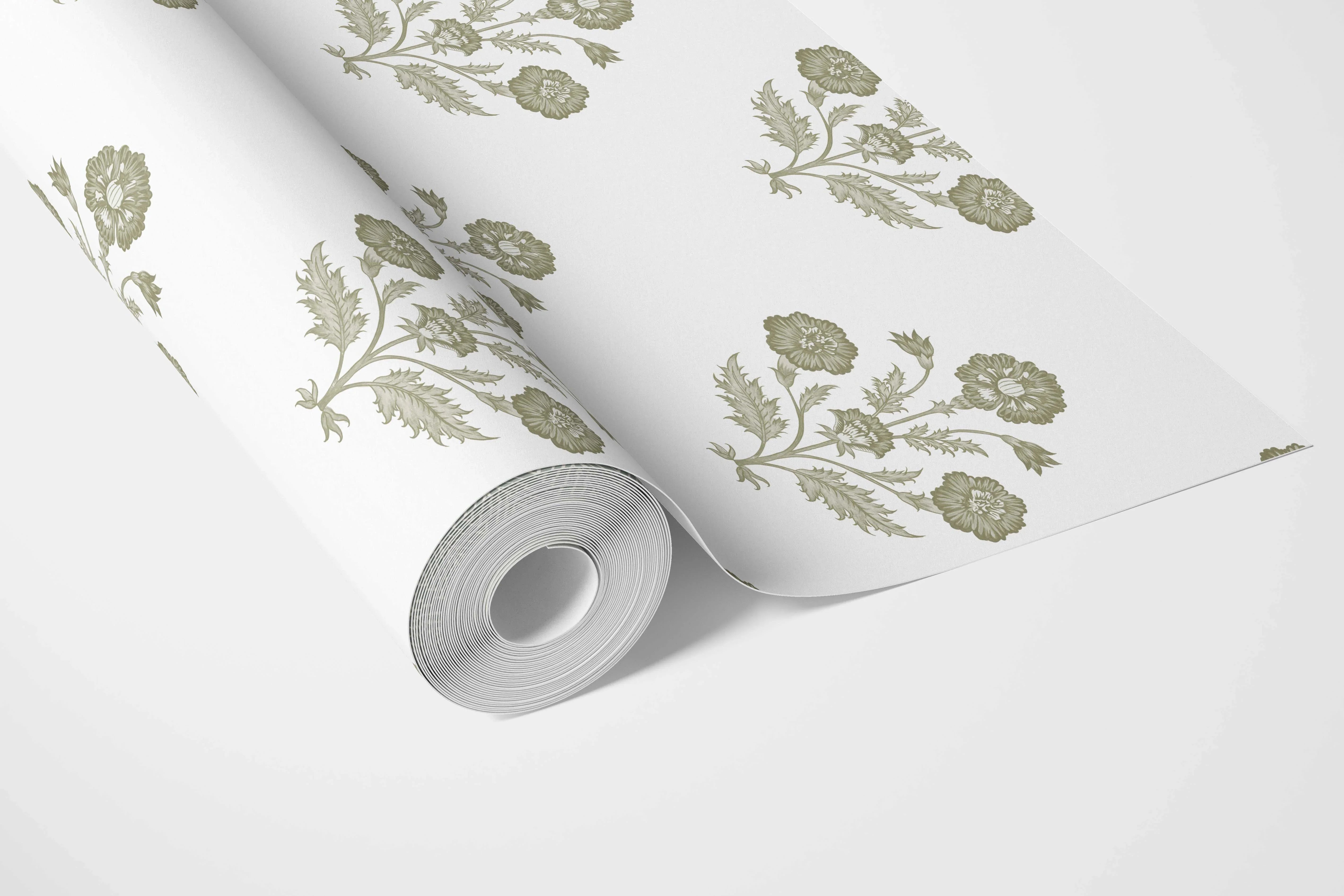 Floral Block Print Bathroom Wallpaper (Olive Green/ White)