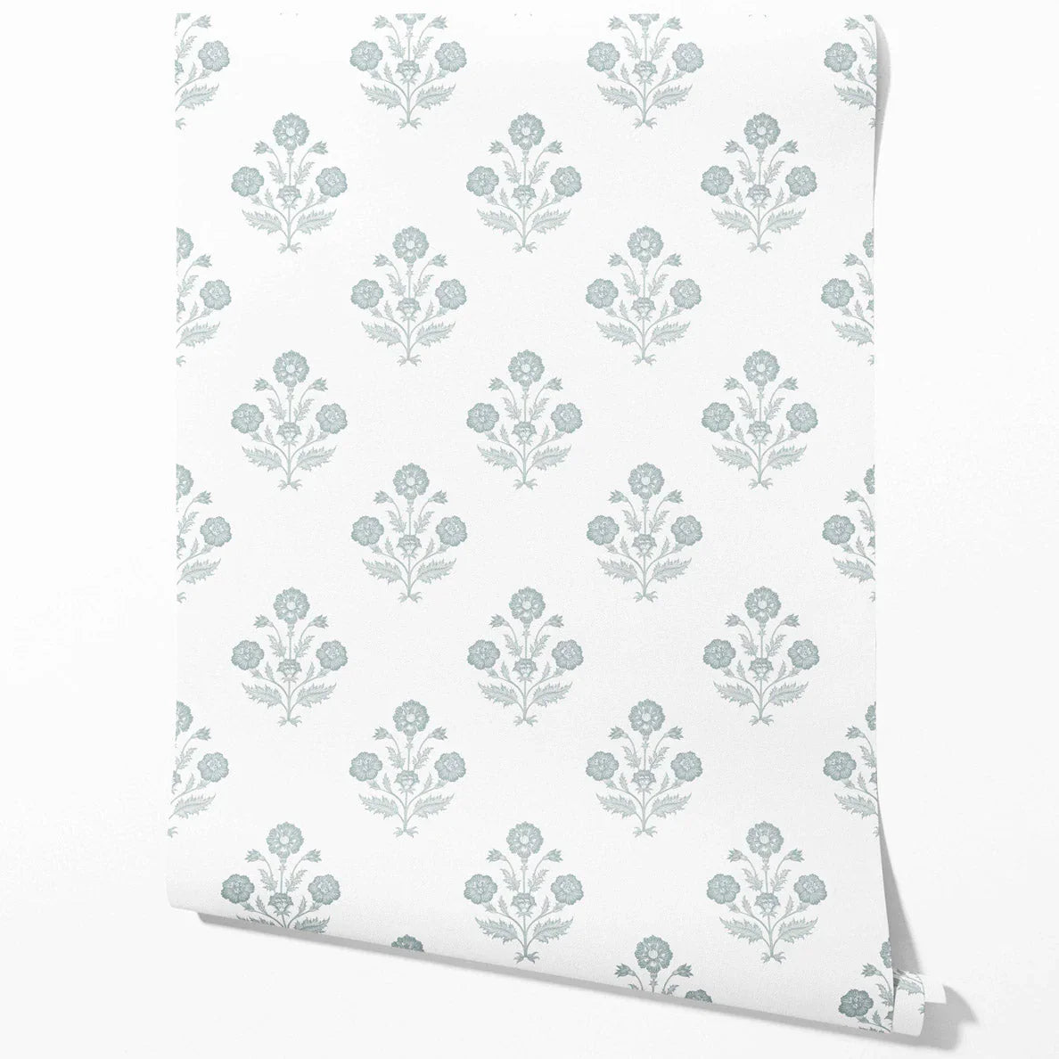 Floral Block Print Traditional Wallpaper Sample (Duck Egg Blue/ White)