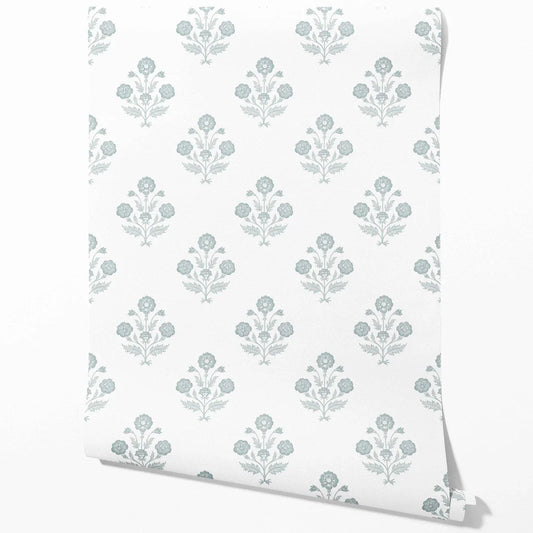 Floral Block Print Traditional Wallpaper (Duck Egg Blue/ White)