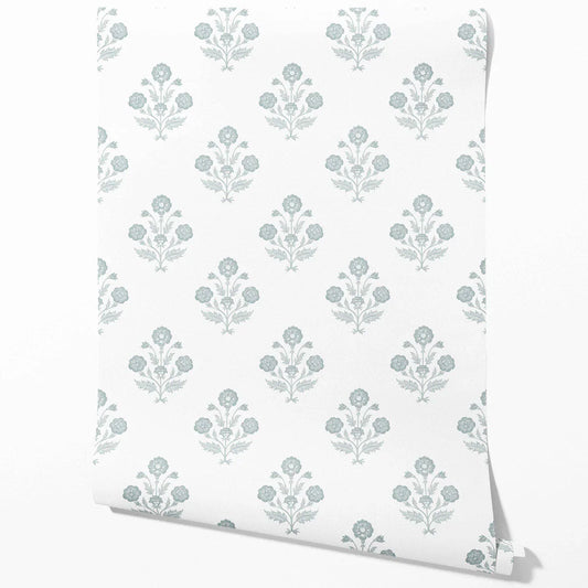Floral Block Print Traditional Wallpaper Sample (Duck Egg Blue/ White)