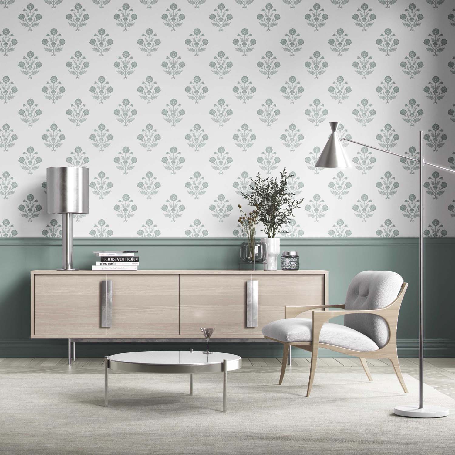 Floral Block Print Kitchen Wallpaper Sample (Duck Egg Blue/ White)