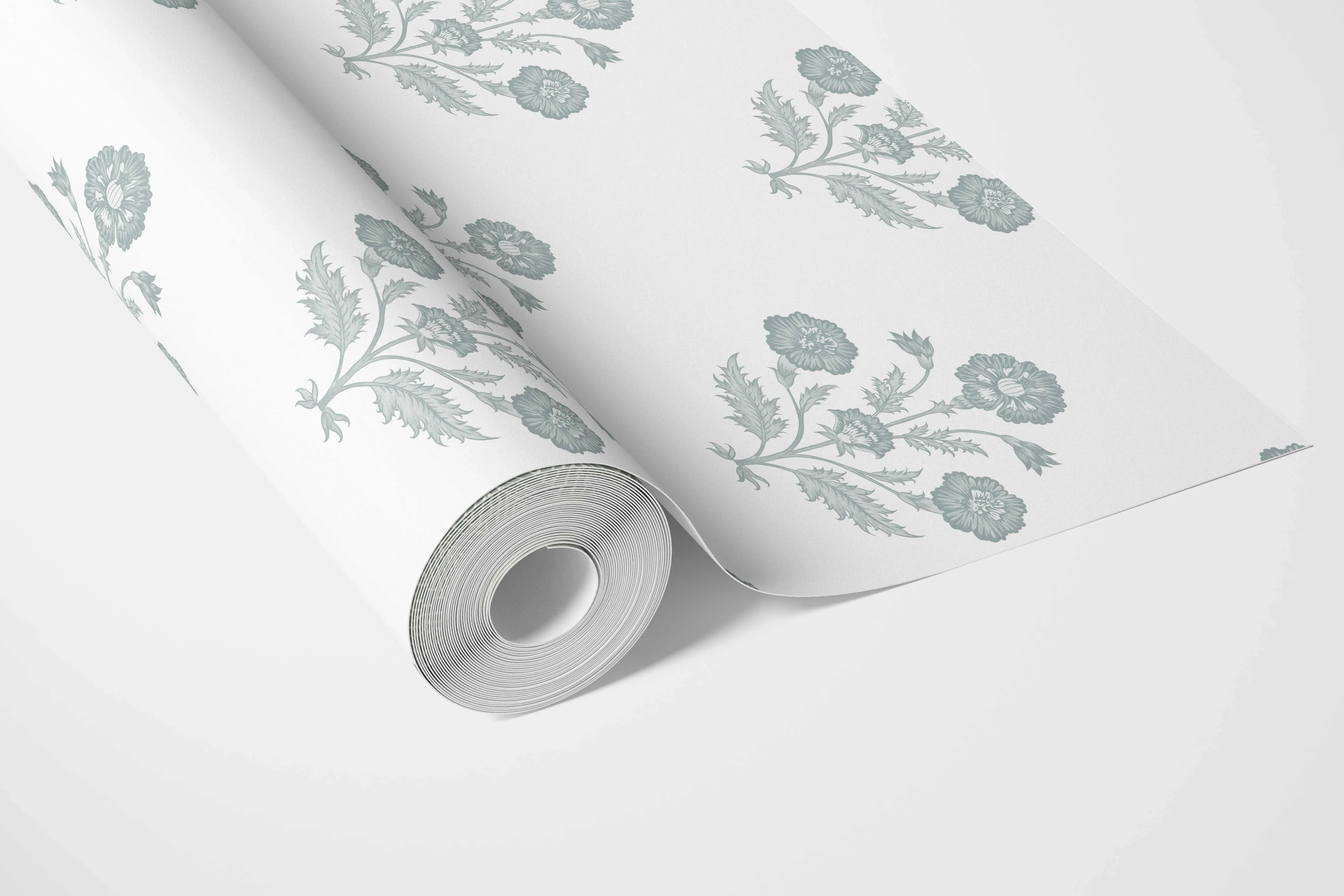 Floral Block Print Bathroom Wallpaper Sample (Duck Egg Blue/ White)