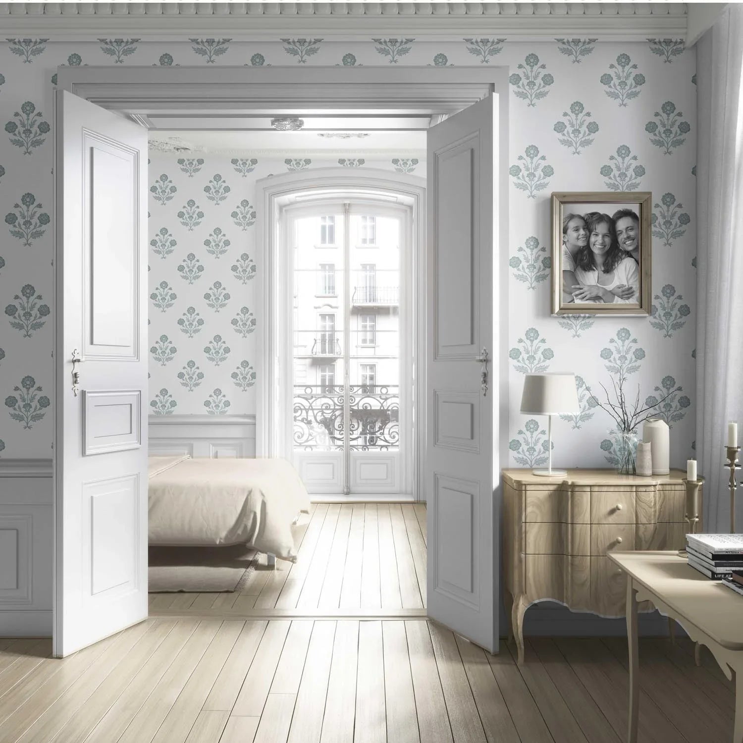 Floral Block Print Living Room Wallpaper Sample (Duck Egg Blue/ White)