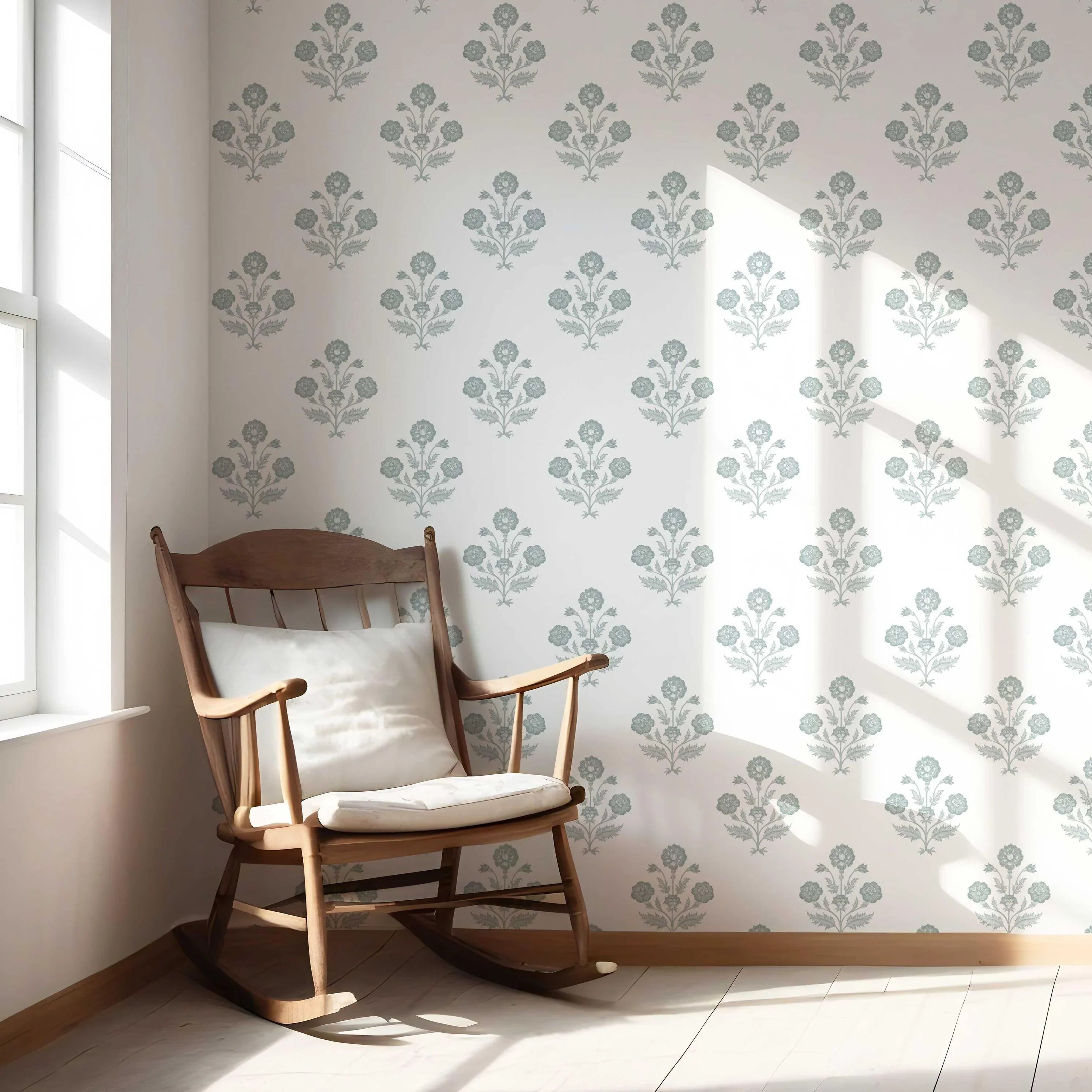 Floral Block Print Nursery Wallpaper Sample (Duck Egg Blue/ White)