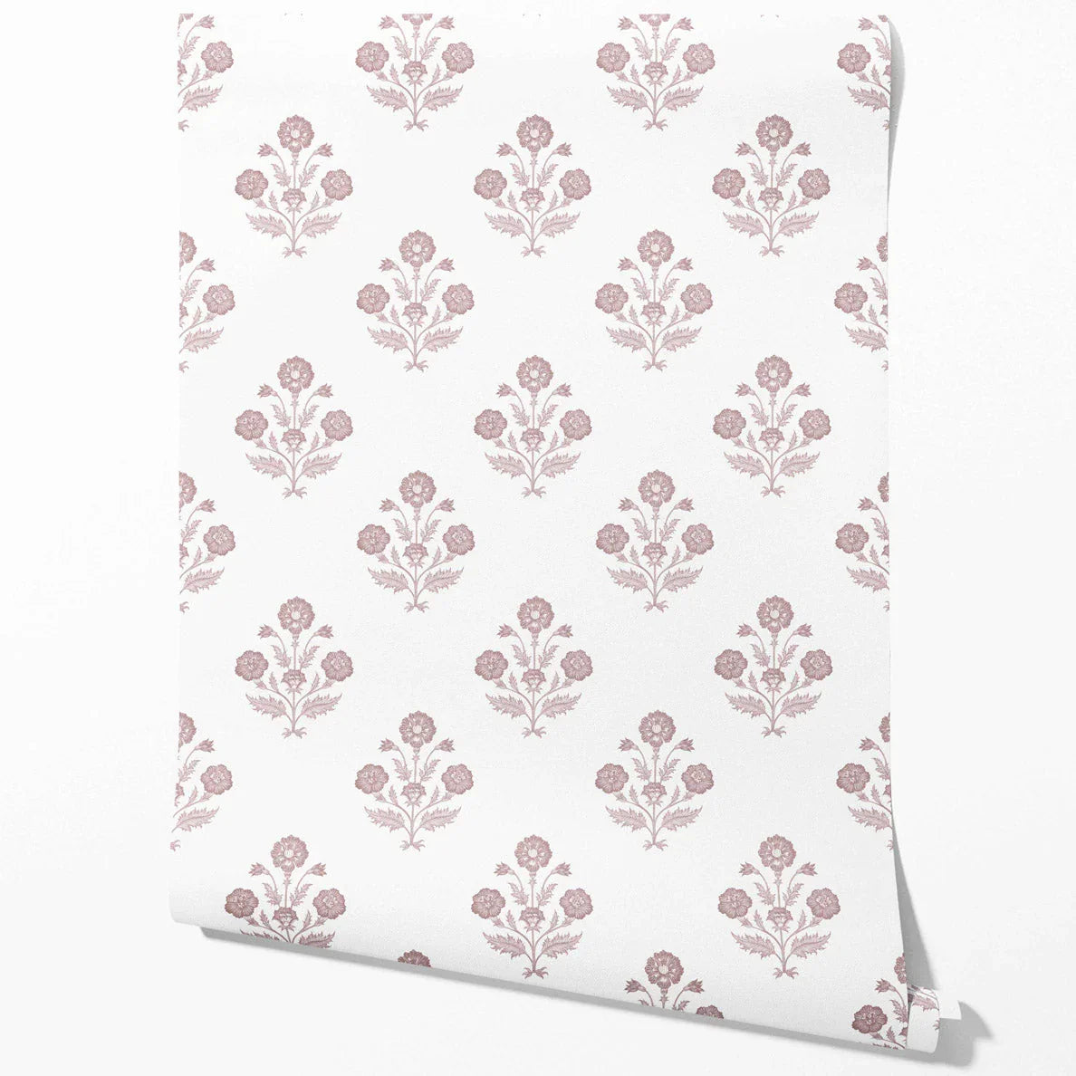 Floral Block Print Traditional Wallpaper (Light Rose Pink/ White)
