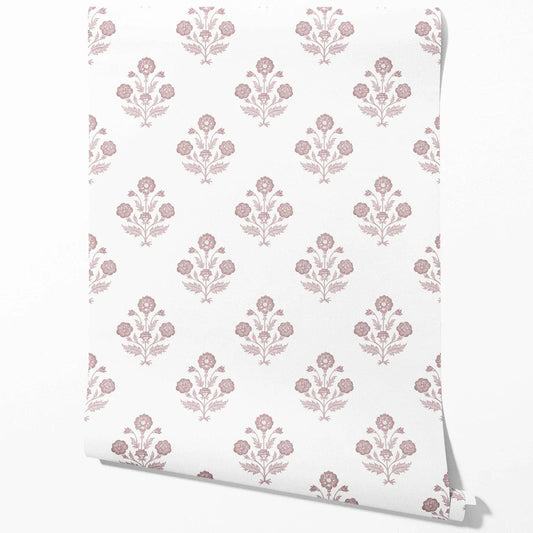 Floral Block Print Traditional Wallpaper Sample (Light Rose Pink/ White)