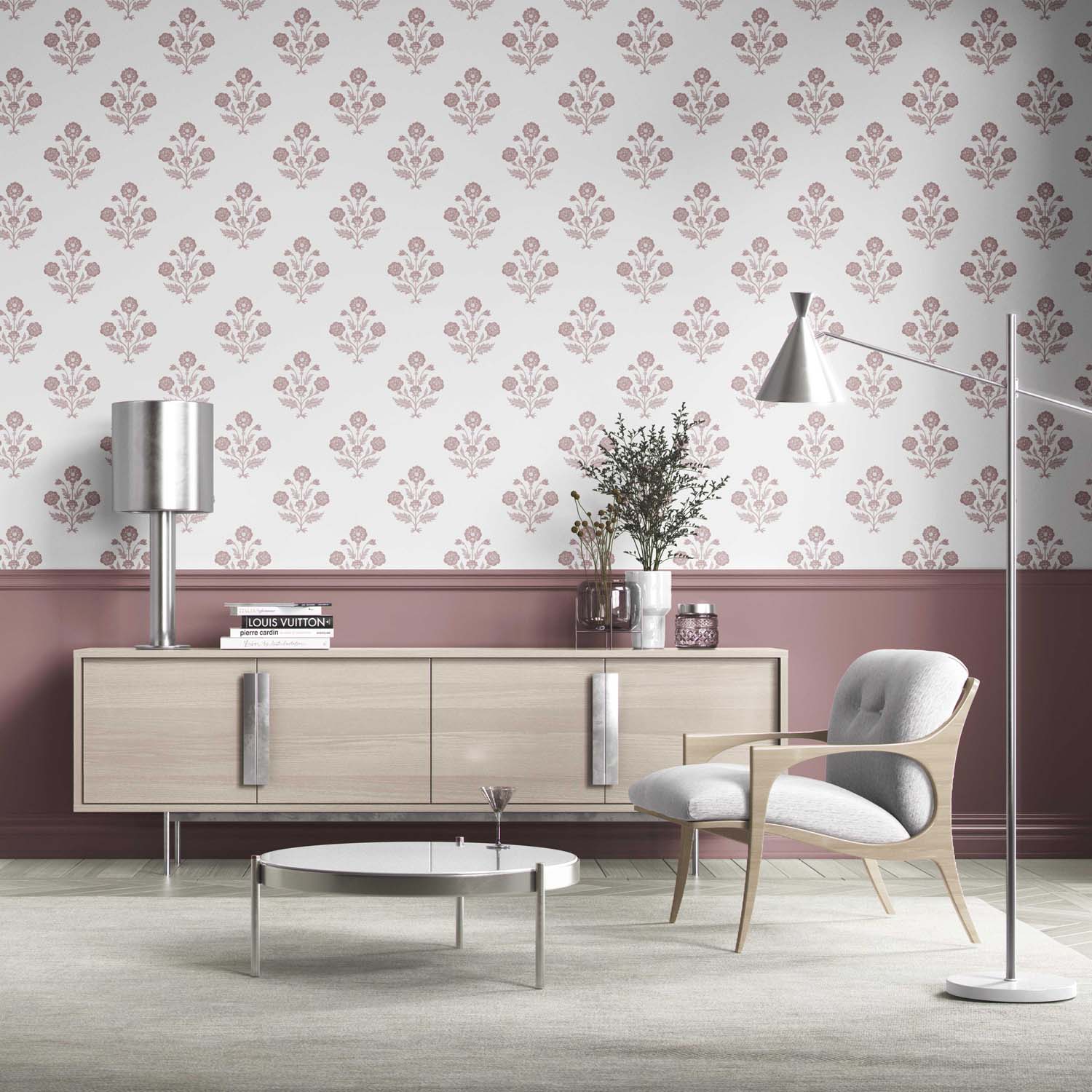 Floral Block Print Kitchen Wallpaper Sample (Light Rose Pink/ White)