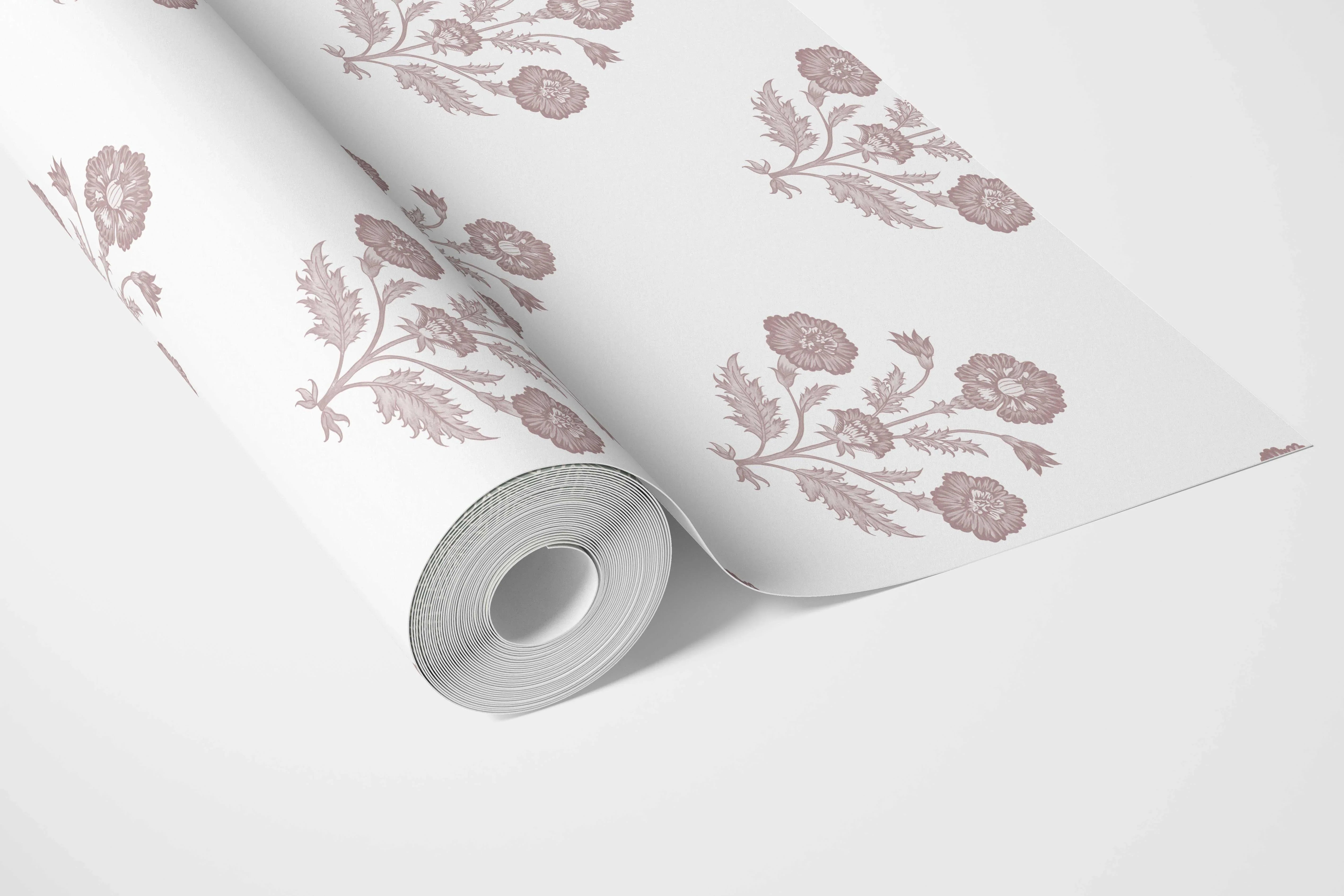 Floral Block Print Bathroom Wallpaper (Light Rose Pink/ White)