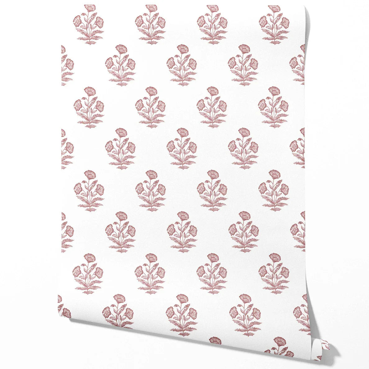 Floral Block Print Traditional Wallpaper Sample (Pink/ White)