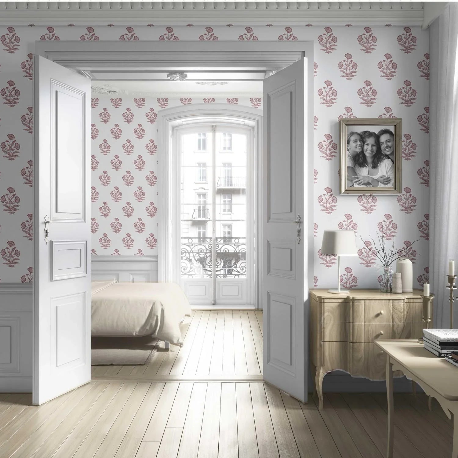Floral Block Print Living Room Wallpaper Sample (Pink/ White)