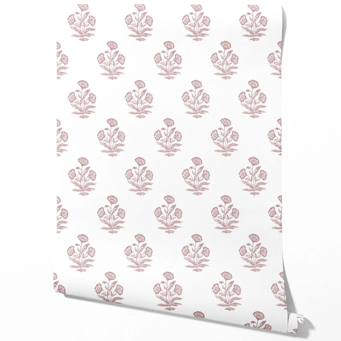Floral Block Print Traditional Wallpaper (Light Pink/ White)