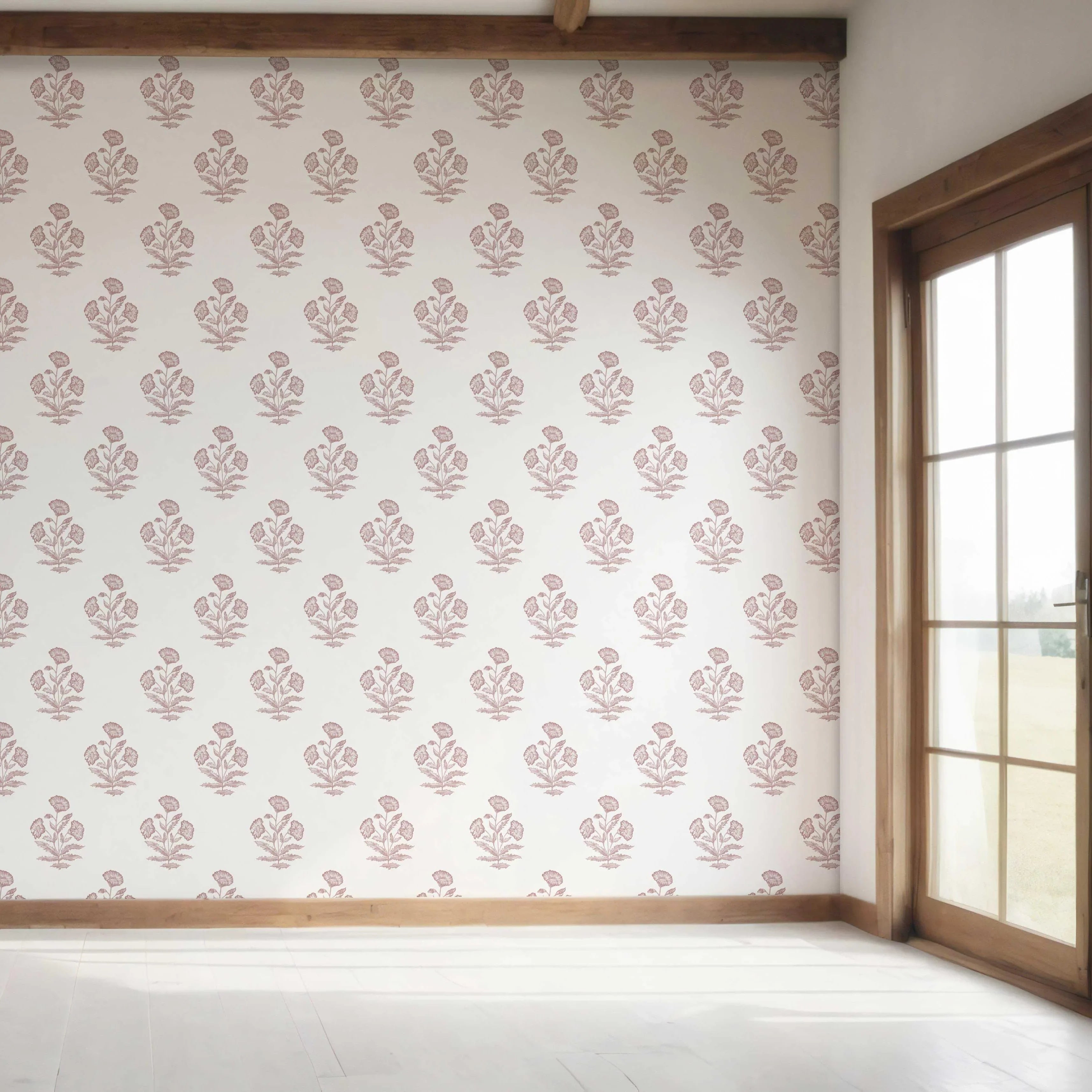 Floral Block Print Bedroom Wallpaper (Light Pink/ White)