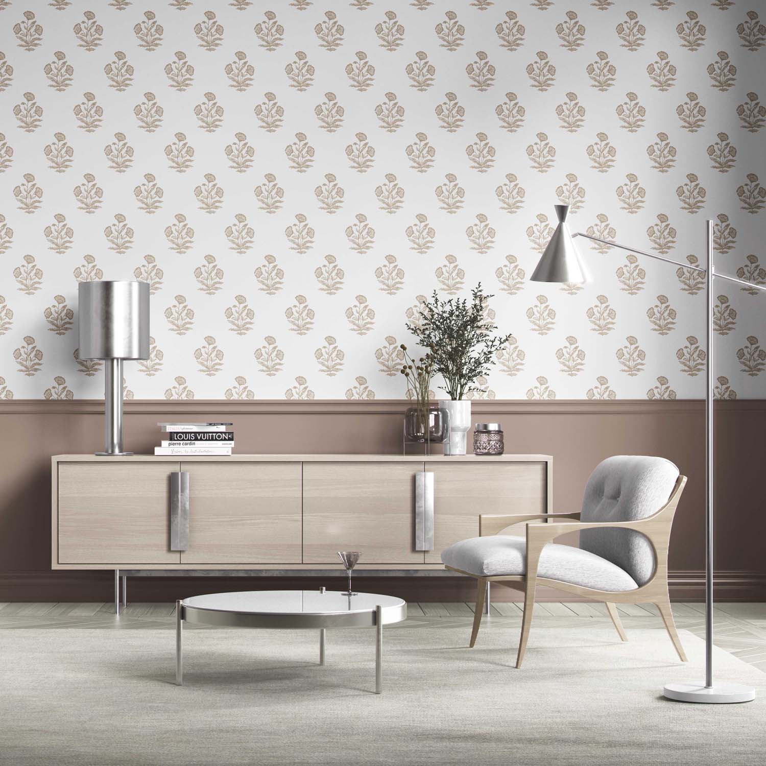Neutral Floral Block Print Kitchen Wallpaper Sample (Beige/ Taupe/ White)