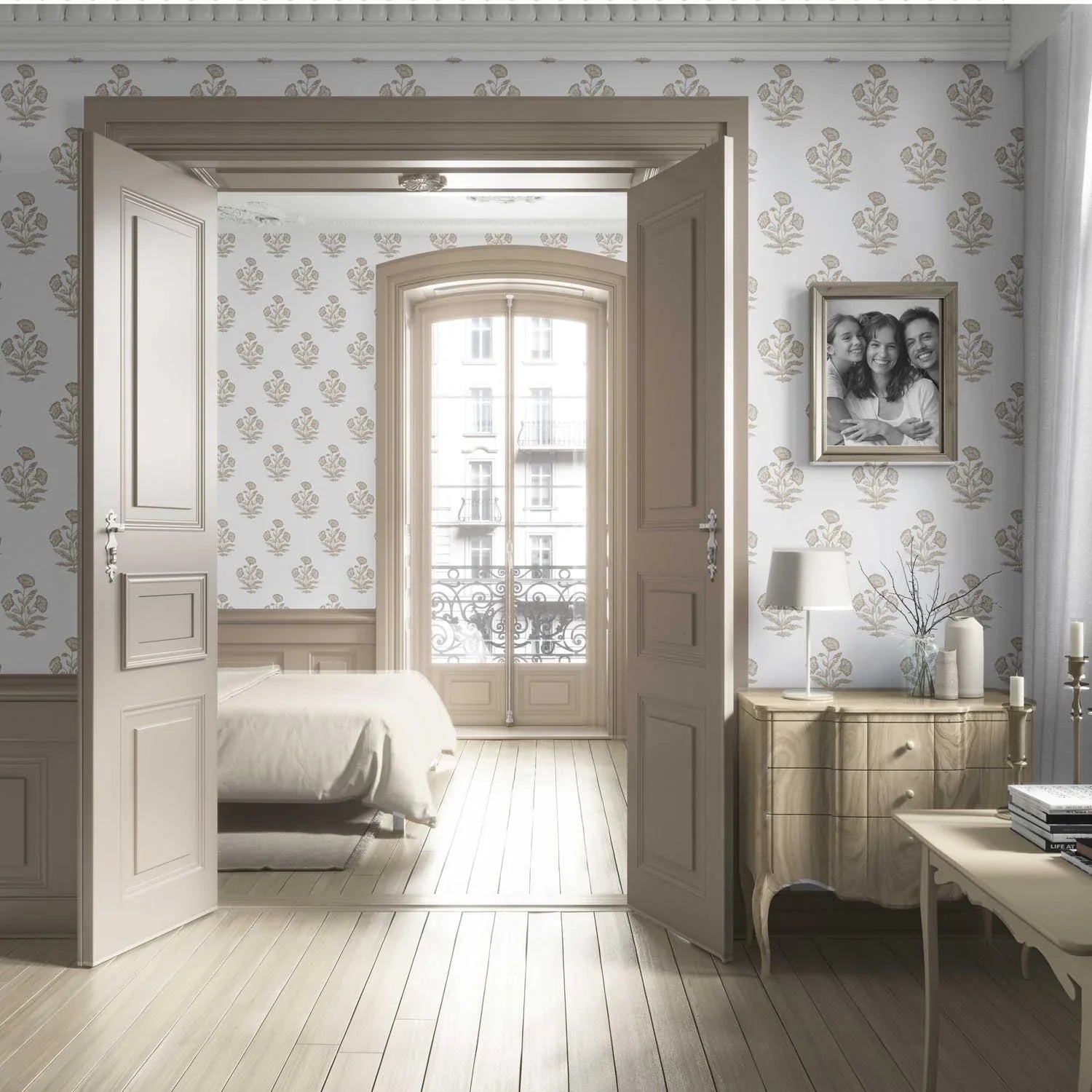 Neutral Floral Block Print Living Room Wallpaper Sample (Beige/ Taupe/ White)