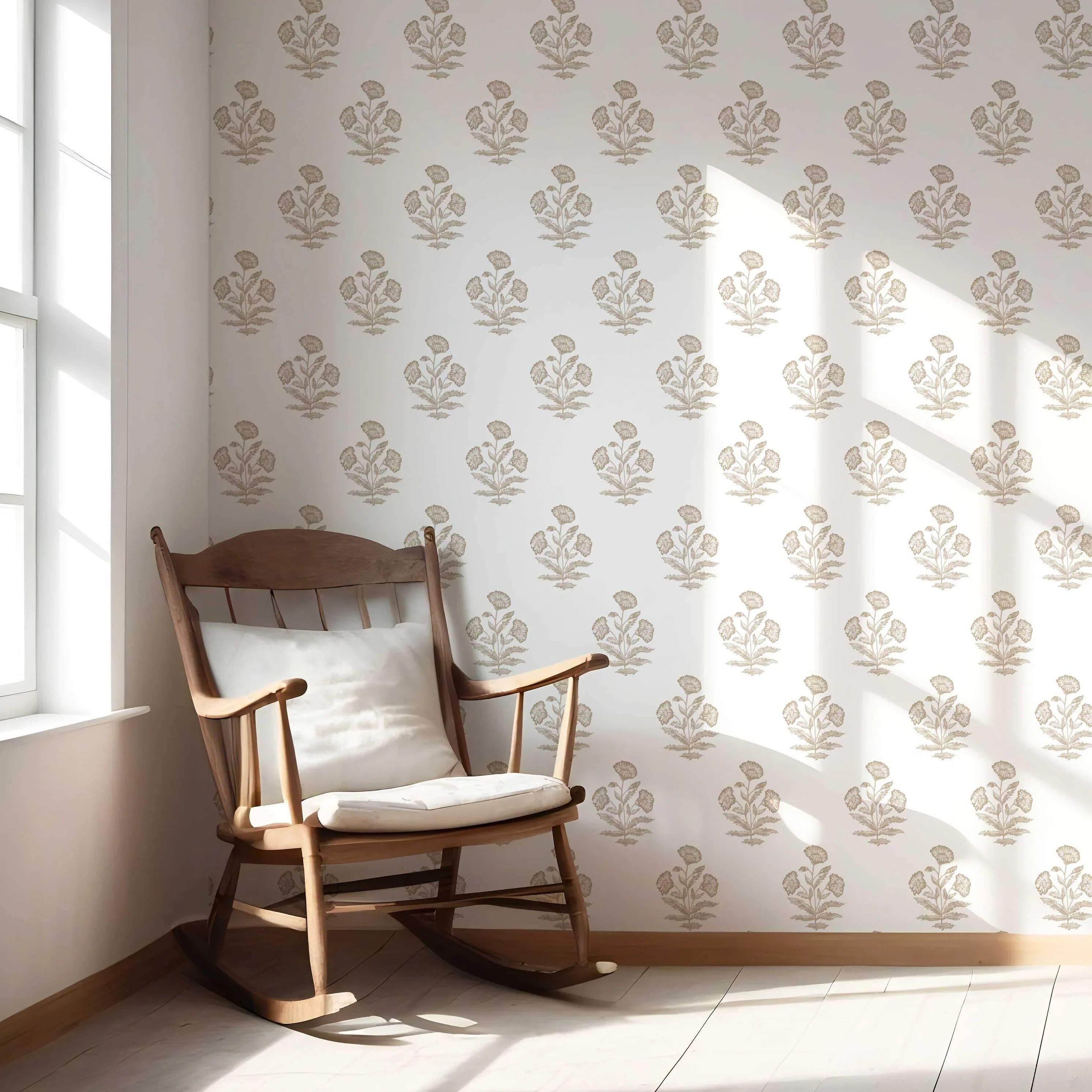 Neutral Floral Block Print Nursery Wallpaper Sample (Beige/ Taupe/ White)