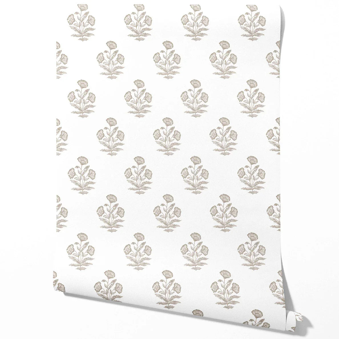 Neutral Floral Block Print Traditional Wallpaper Sample (Greige/ Warm Gray/ White)