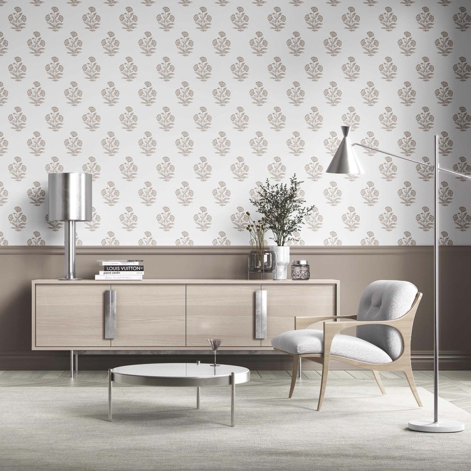 Neutral Floral Block Print Kitchen Wallpaper Sample (Greige/ Warm Gray/ White)