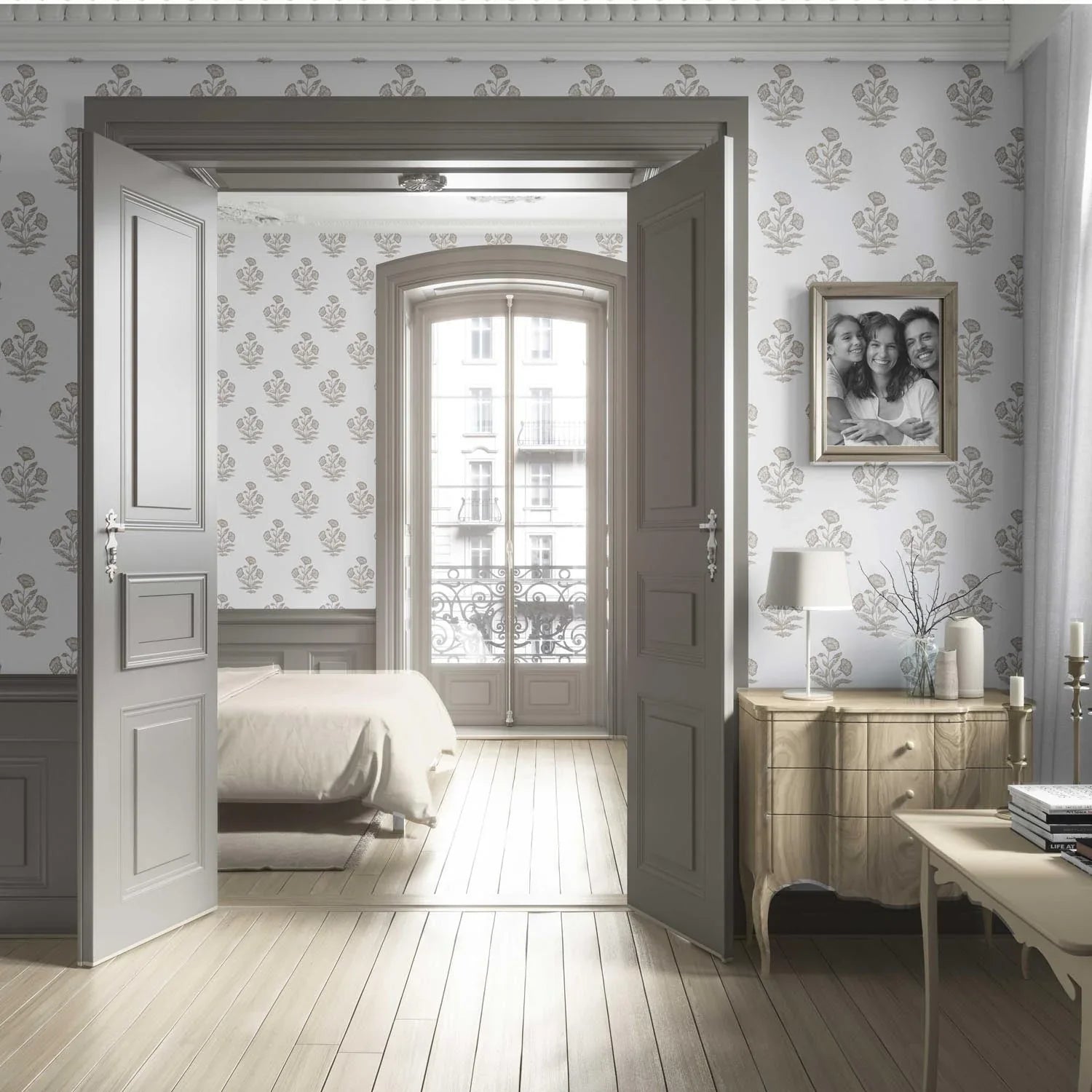 Neutral Floral Block Print Living Room Wallpaper Sample (Greige/ Warm Gray/ White)