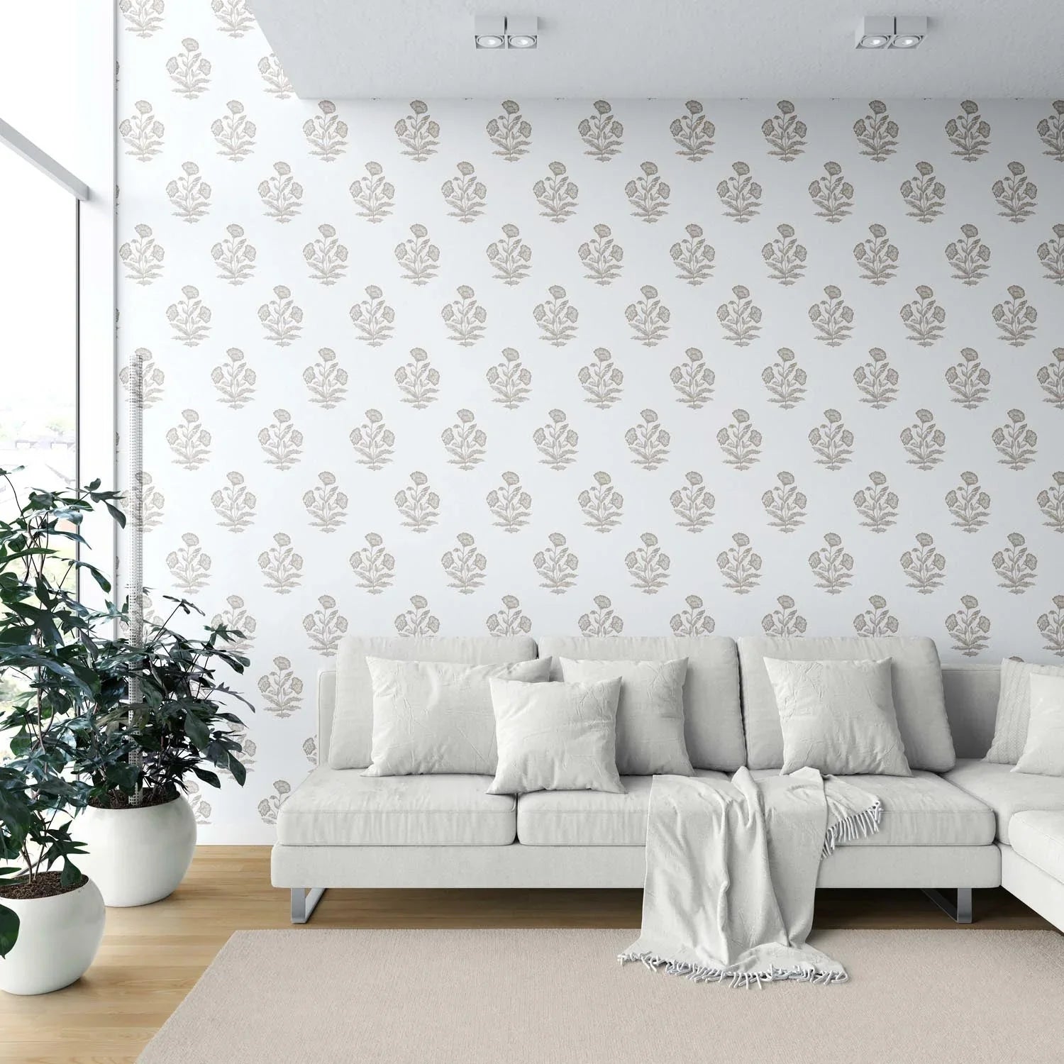 Neutral Floral Block Print Shower Toilet Wallpaper Sample (Greige/ Warm Gray/ White)
