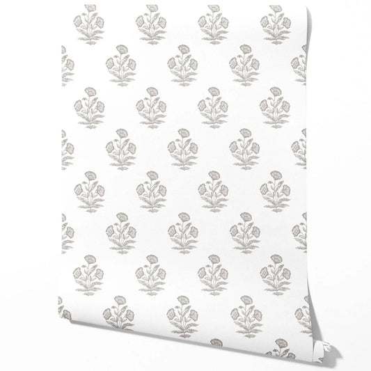 Neutral Floral Block Print Traditional Wallpaper Sample (Gray/ White)