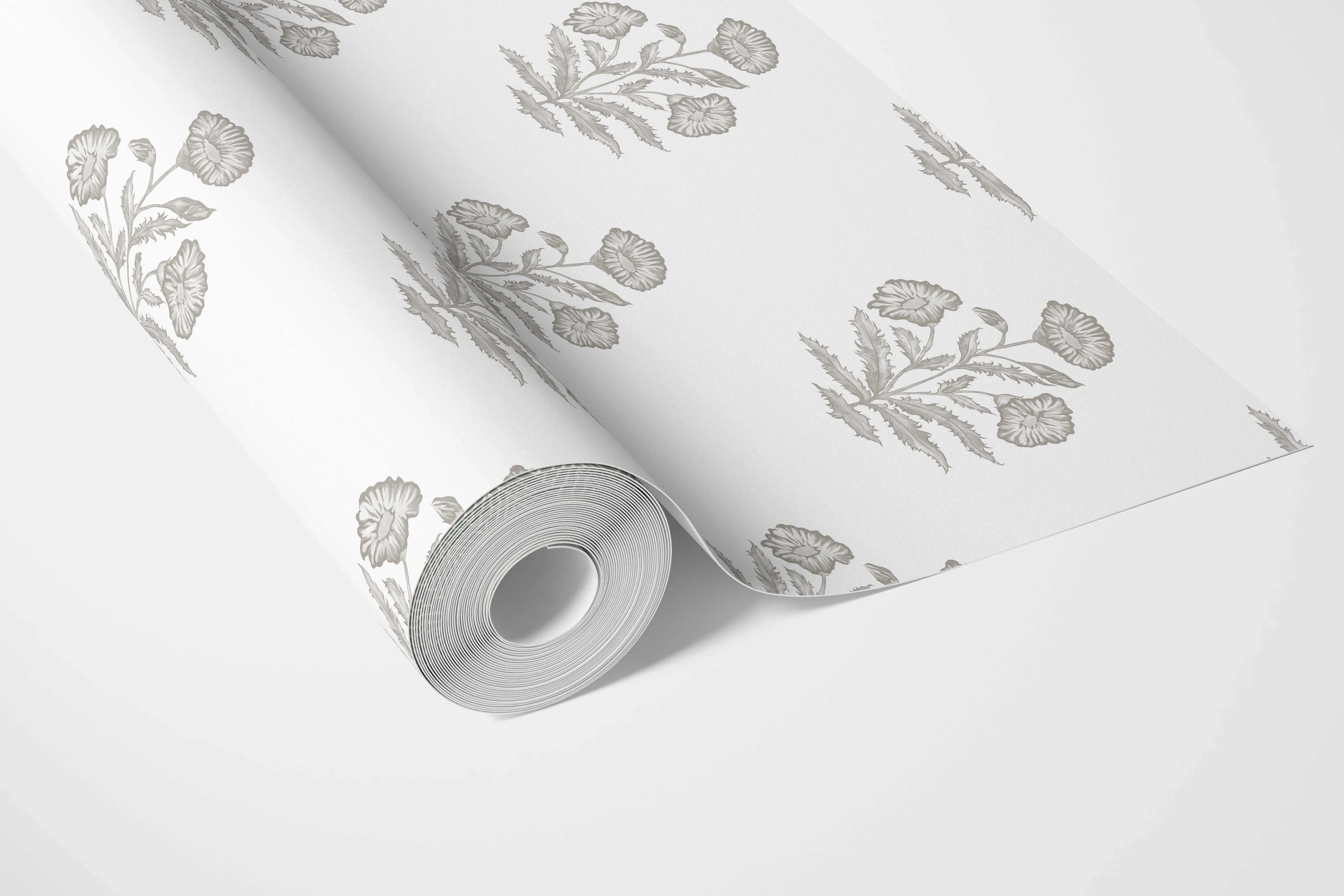 Neutral Floral Block Print Bathroom Wallpaper (Gray/ White)