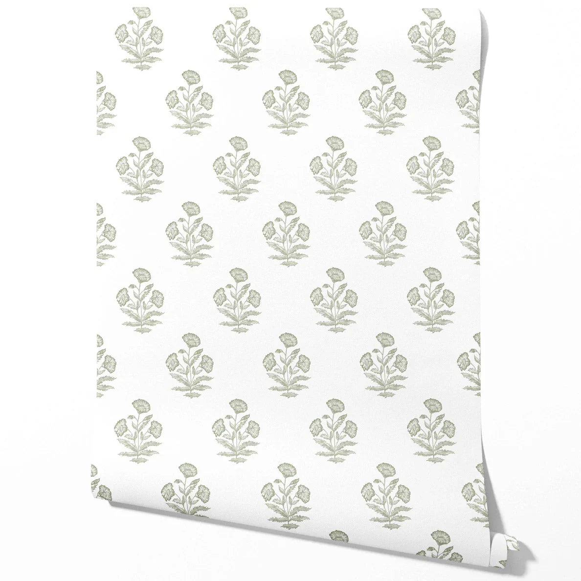 Floral Block Print Traditional Wallpaper Sample (Green/ White)