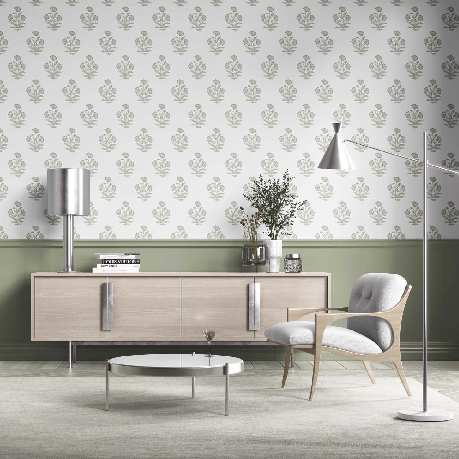 Floral Block Print Kitchen Wallpaper Sample (Green/ White)