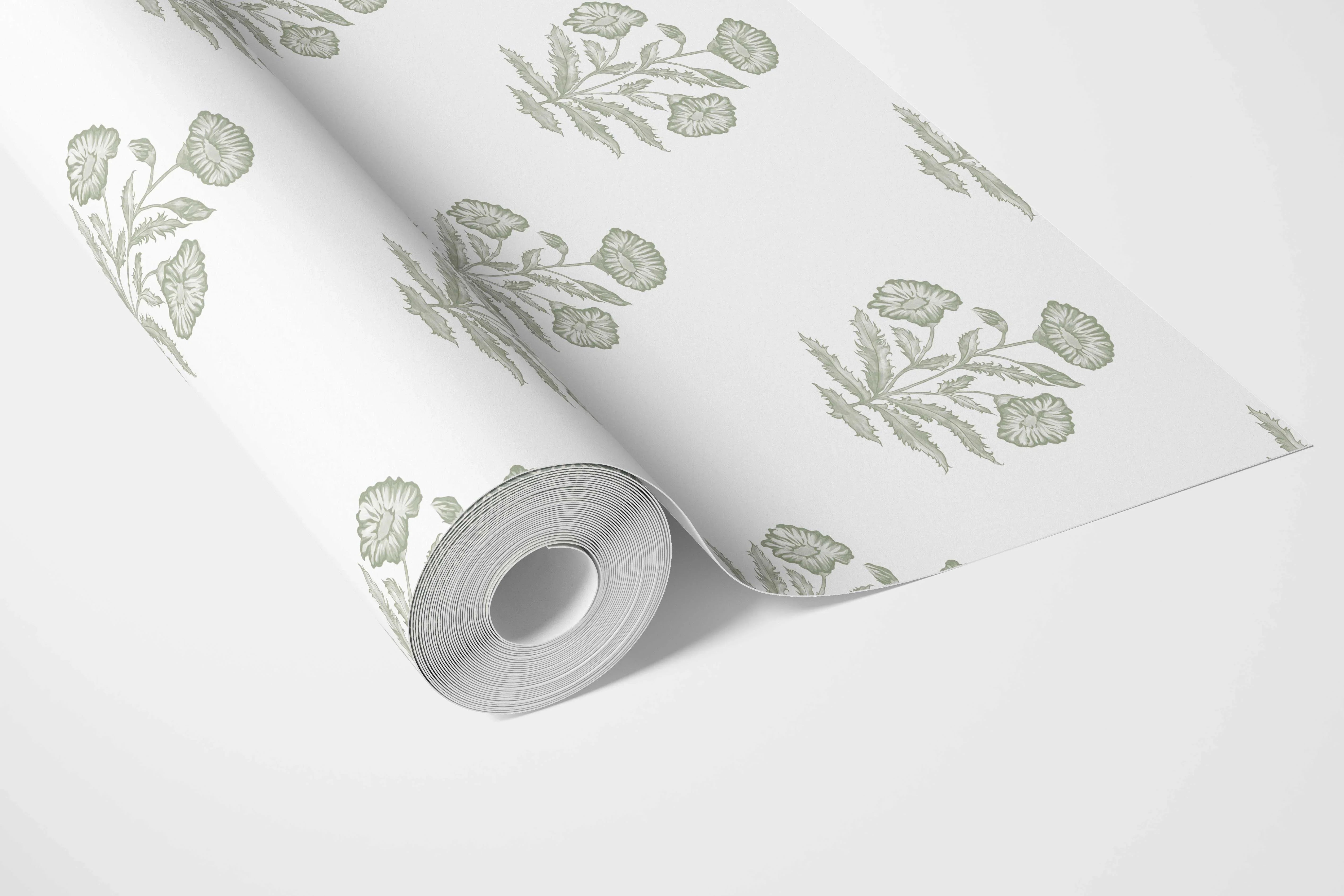 Floral Block Print Bathroom Wallpaper (Green/ White)